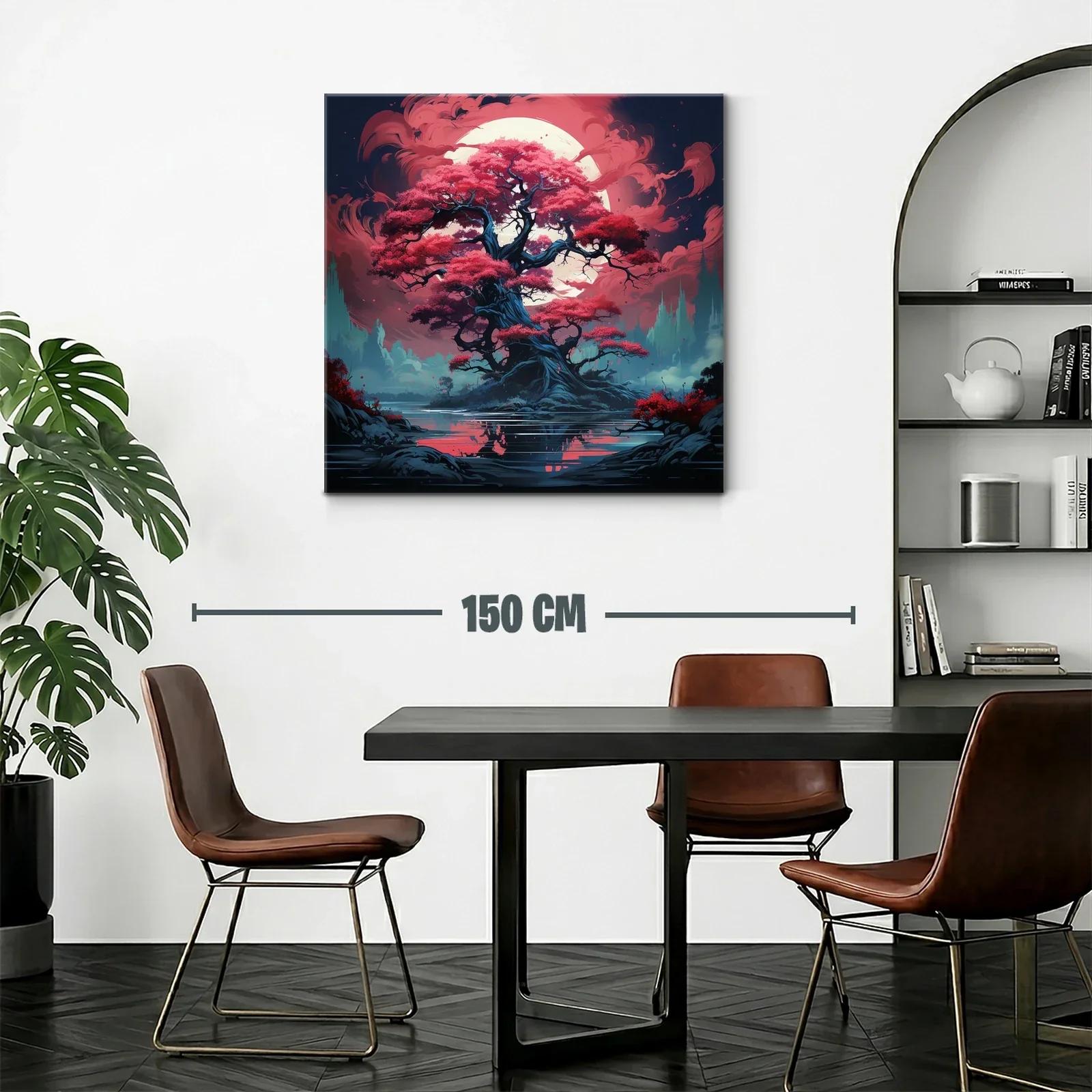 Árbol mágico con hojas rojas bajo luna llena brillante — miniatura 2