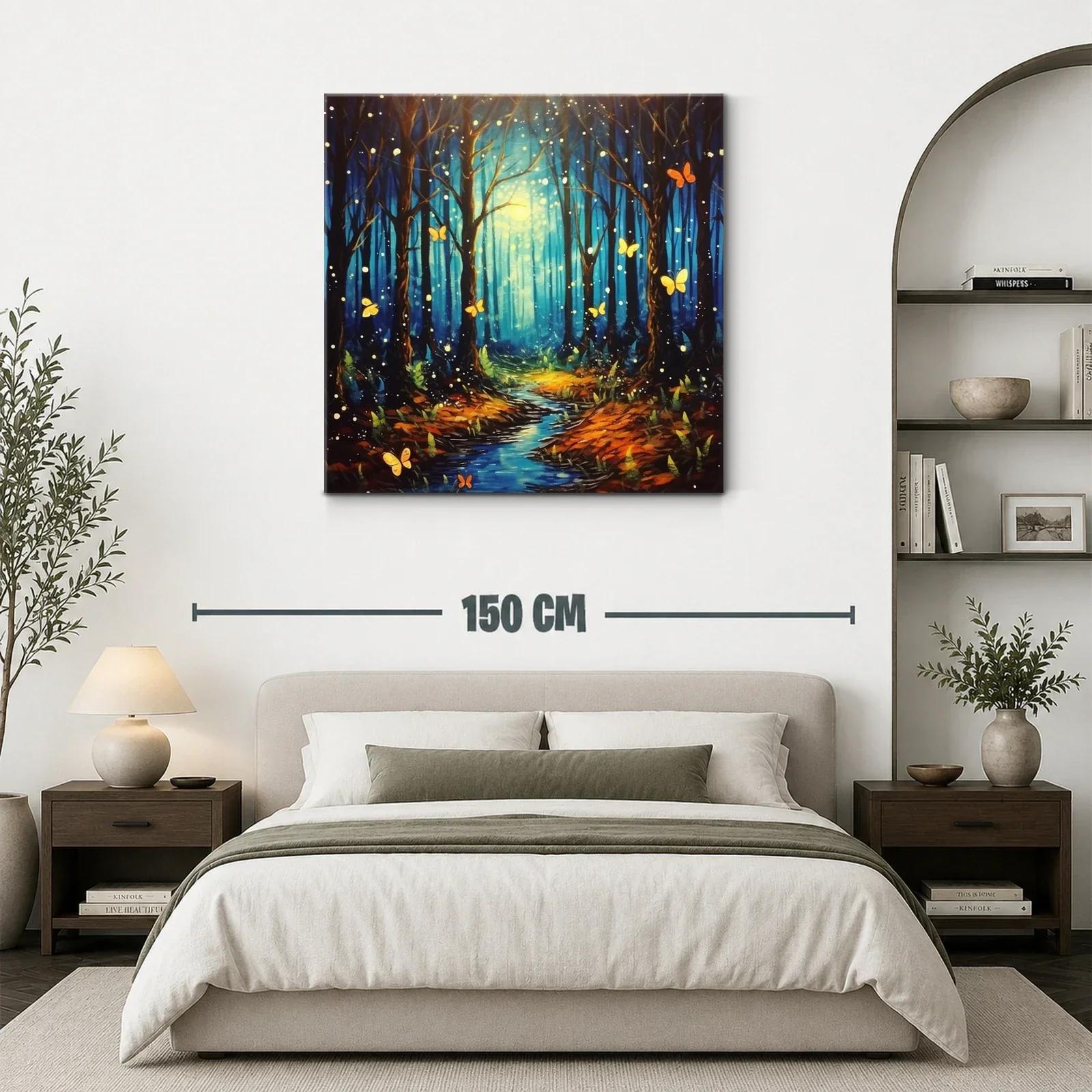 Bosque encantado con mariposas iluminadas y sendero azul — miniatura 3