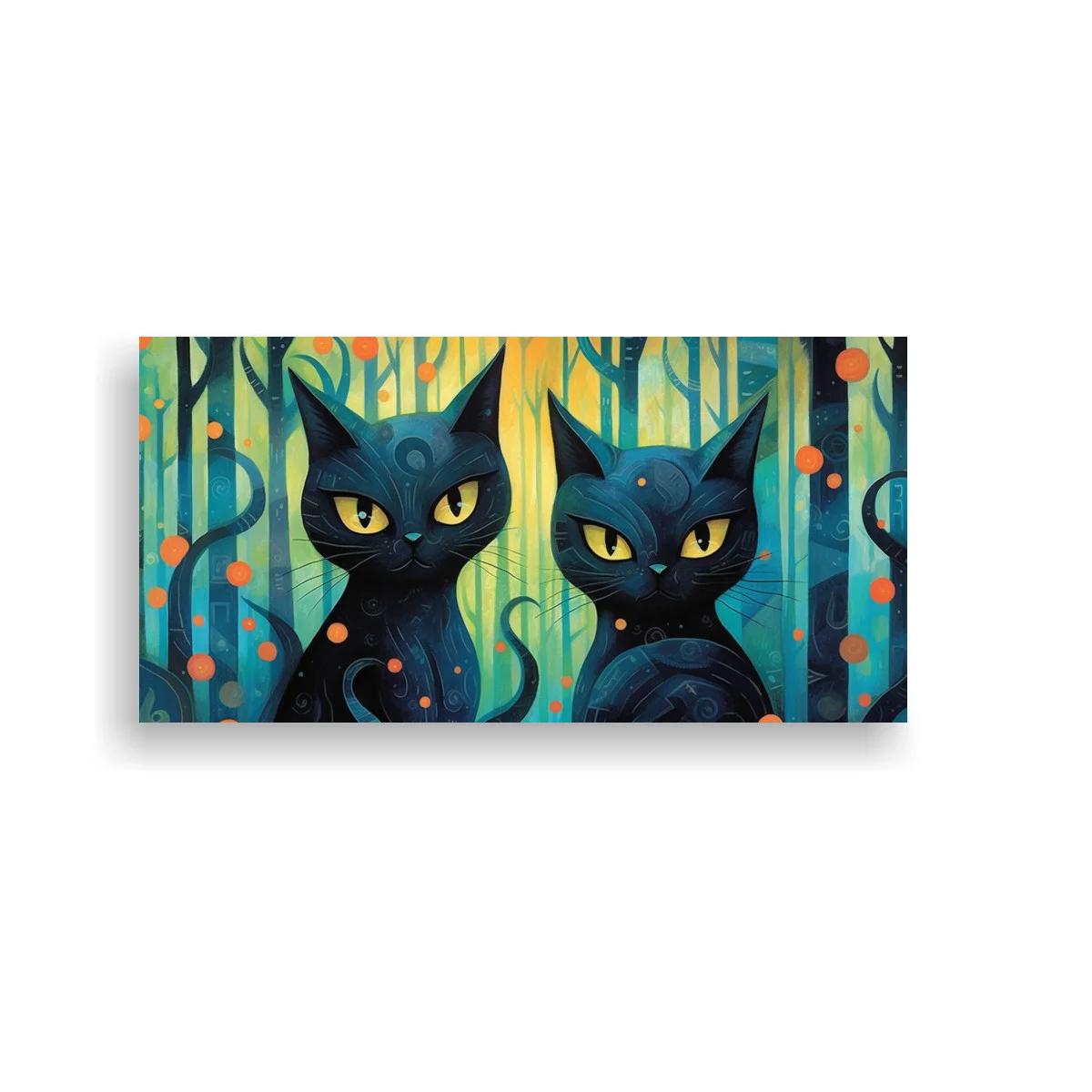 Cuadro dos gatos negros de ojos amarillos y bosque turquesa — imagen principal