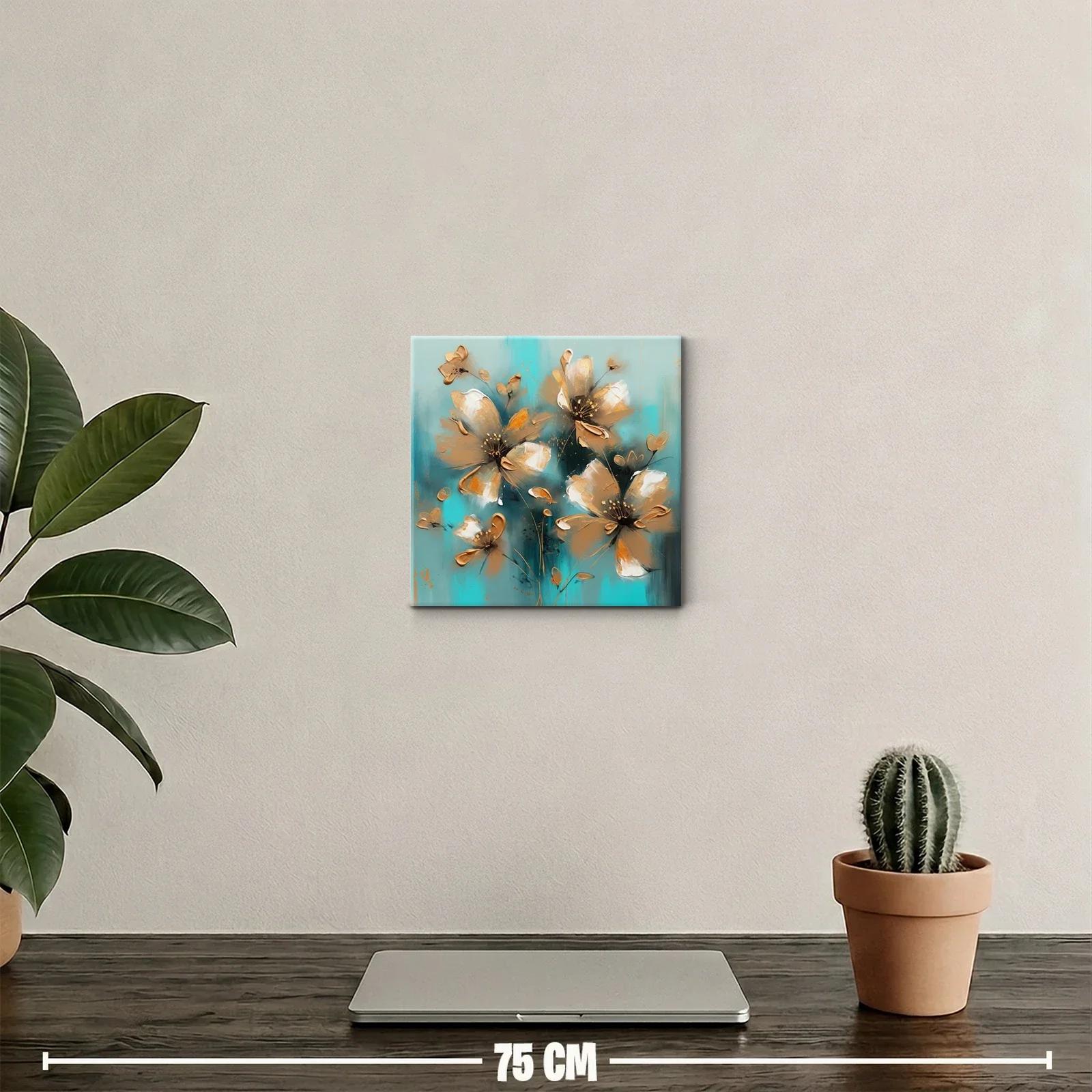 Cuadro decorativo flores en tonos dorados y azul turquesa — miniatura 2