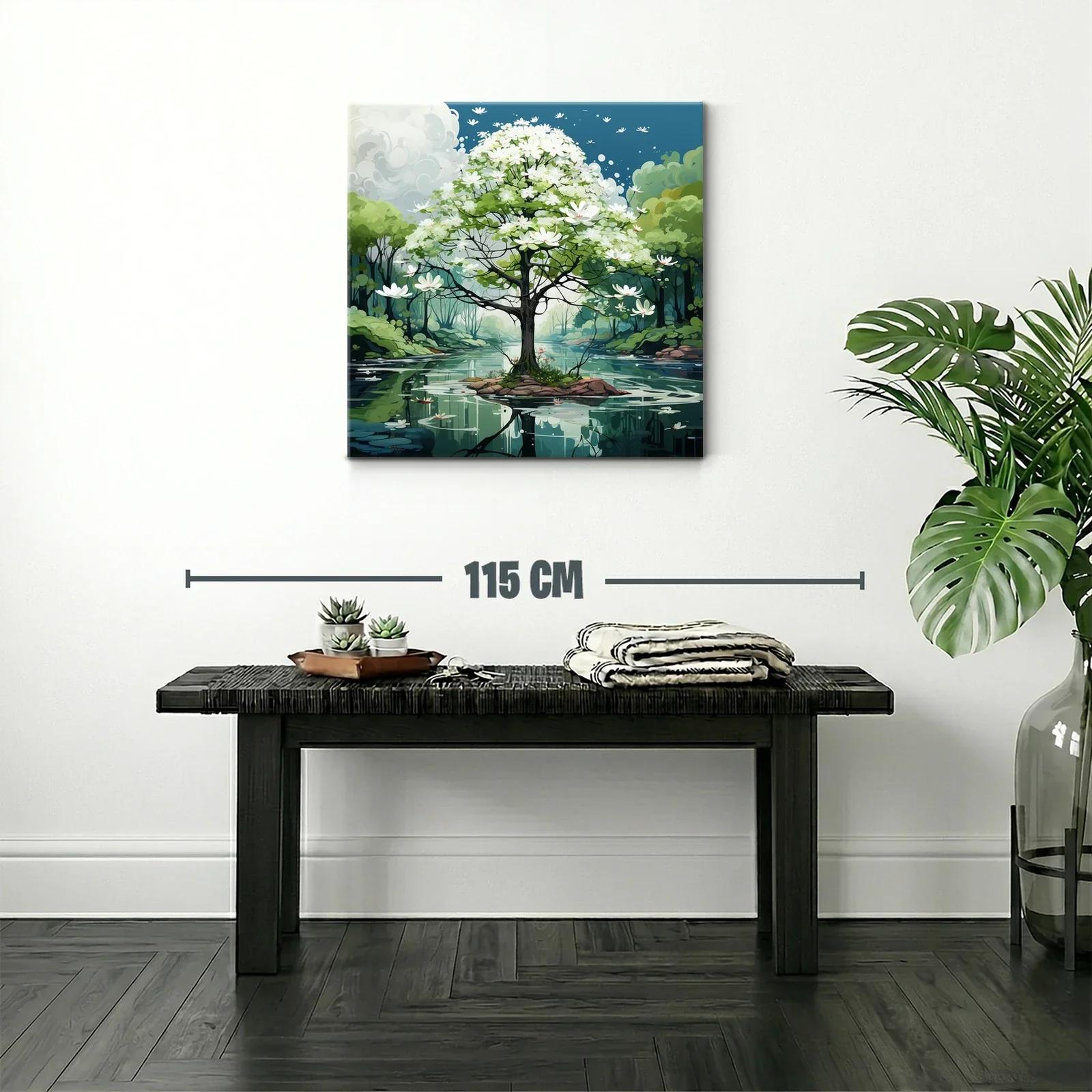 Árbol en flor sobre lago sereno con paisaje natural — miniatura 2