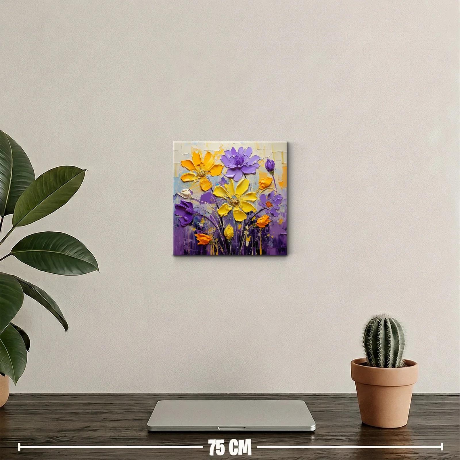 Cuadro decorativo con flores vibrantes en tonos amarillos y lilas — miniatura 2