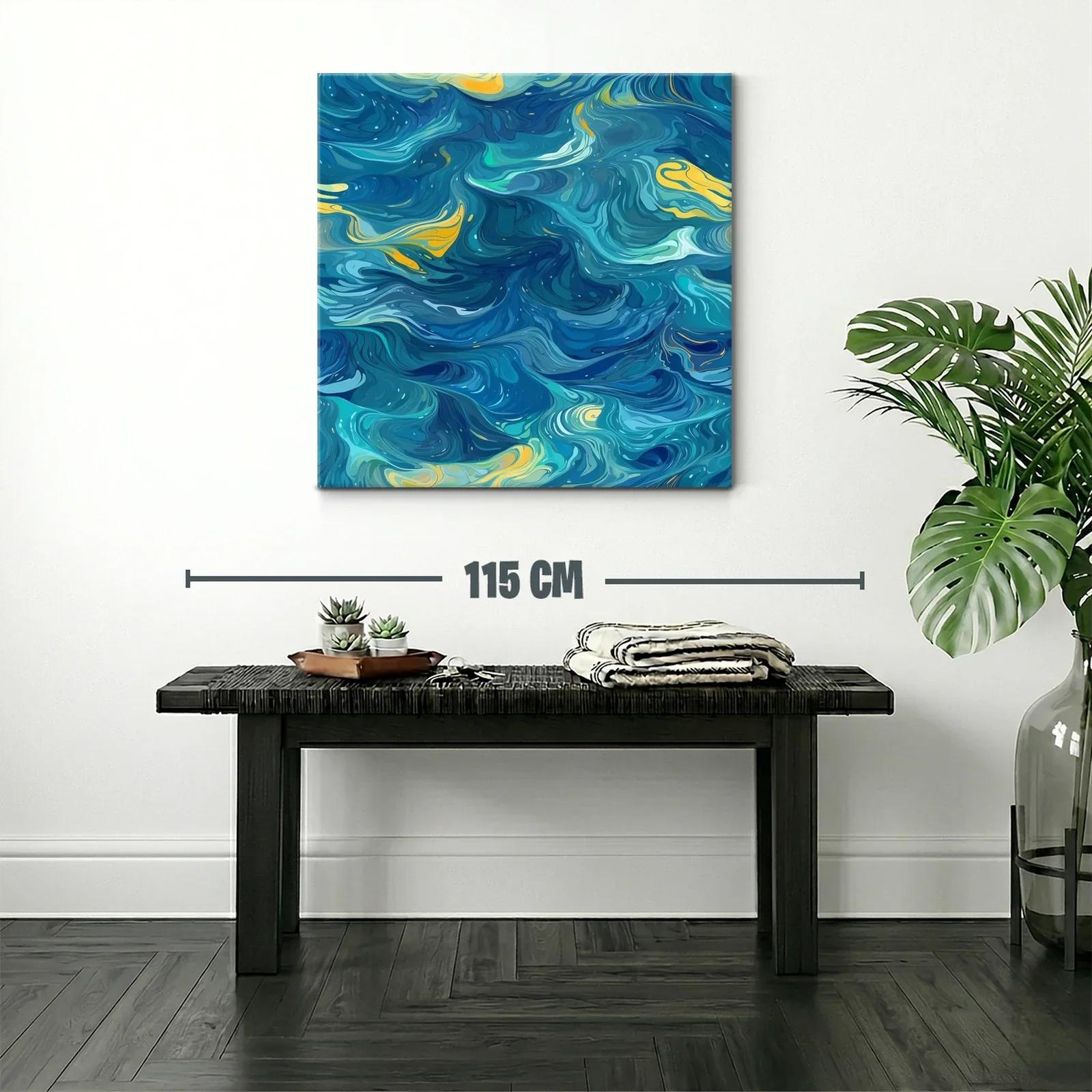 Cuadro abstracto con remolinos azules y toques amarillos — miniatura 2