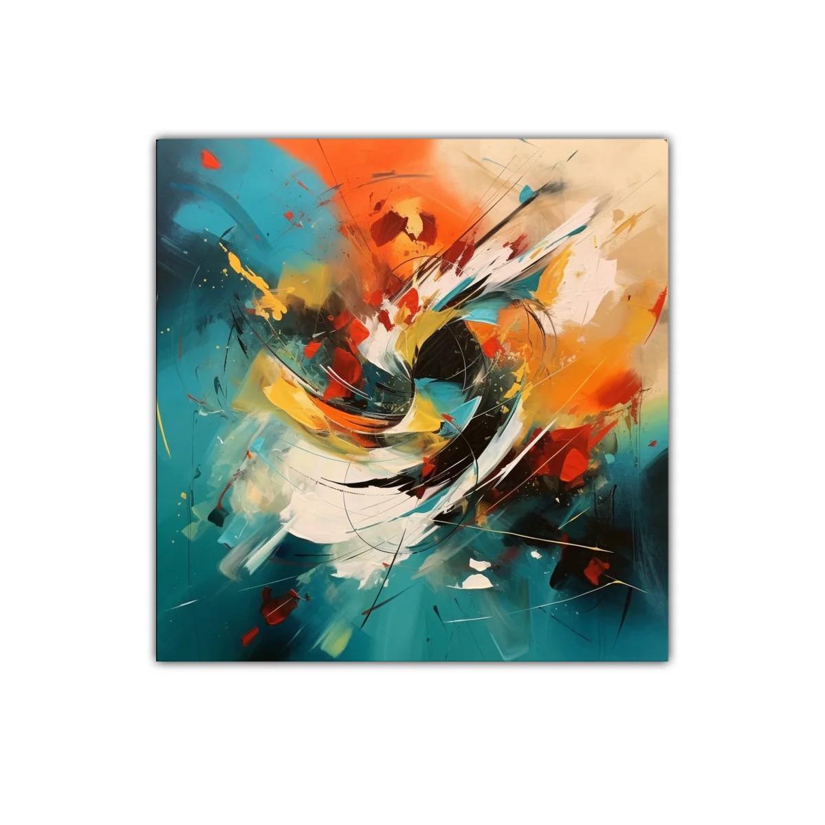 Cuadro abstracto enérgico con tonos cálidos y azules vibrantes — imagen principal