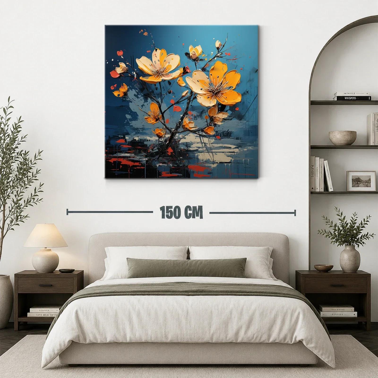 Cuadro floral en vibrantes tonos amarillos y fondo azul — miniatura 3