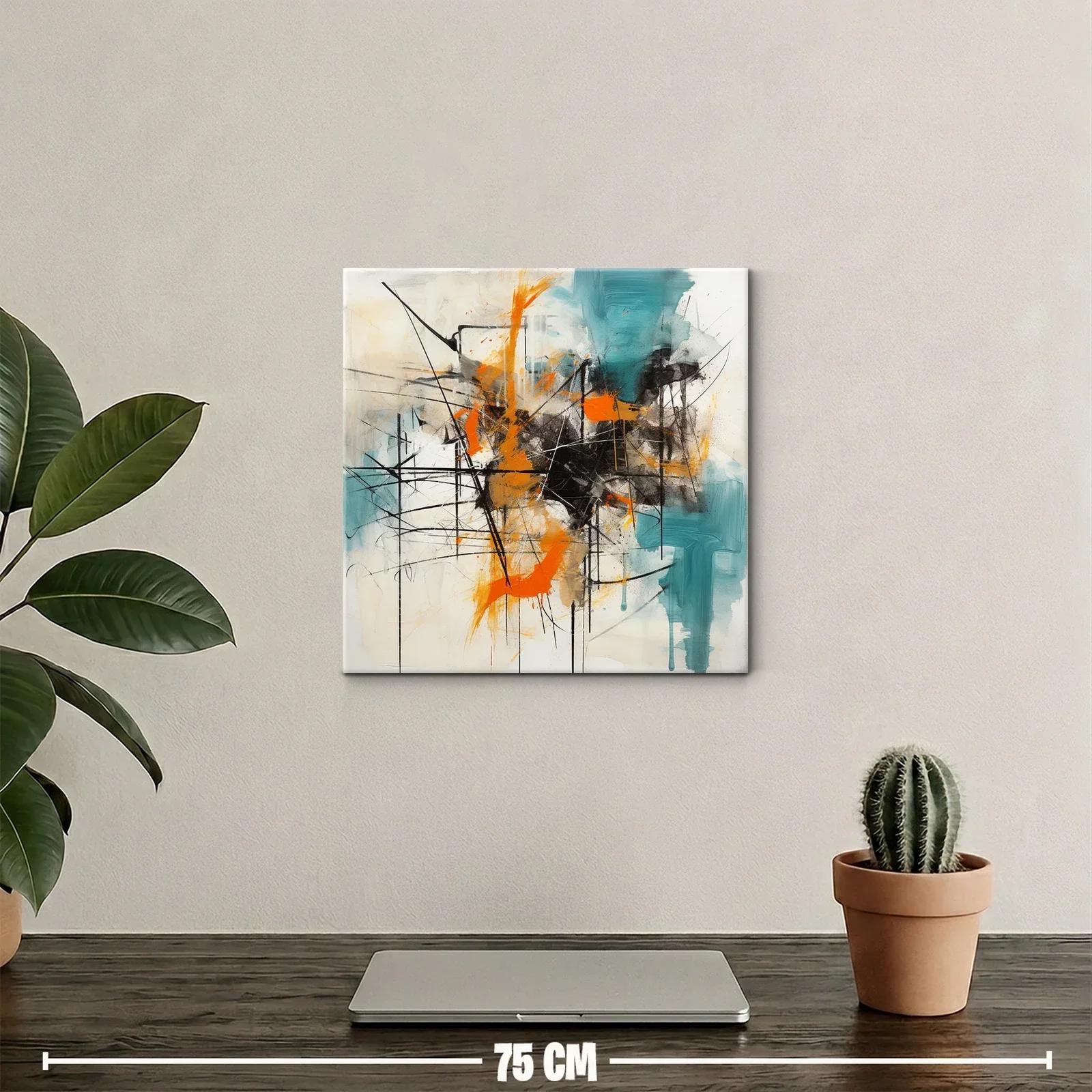 Cuadro abstracto con trazos en naranja y turquesa vibrante — miniatura 2