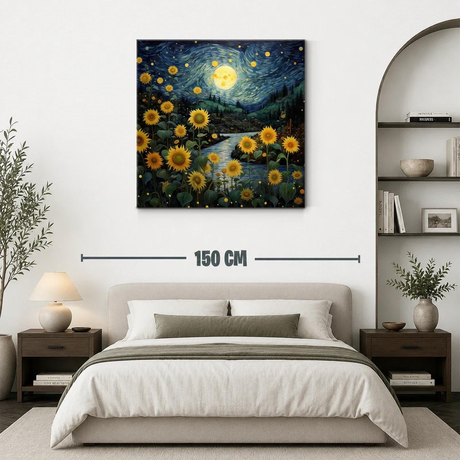 Campo de girasoles bajo un cielo estrellado y la luna llena — miniatura 3