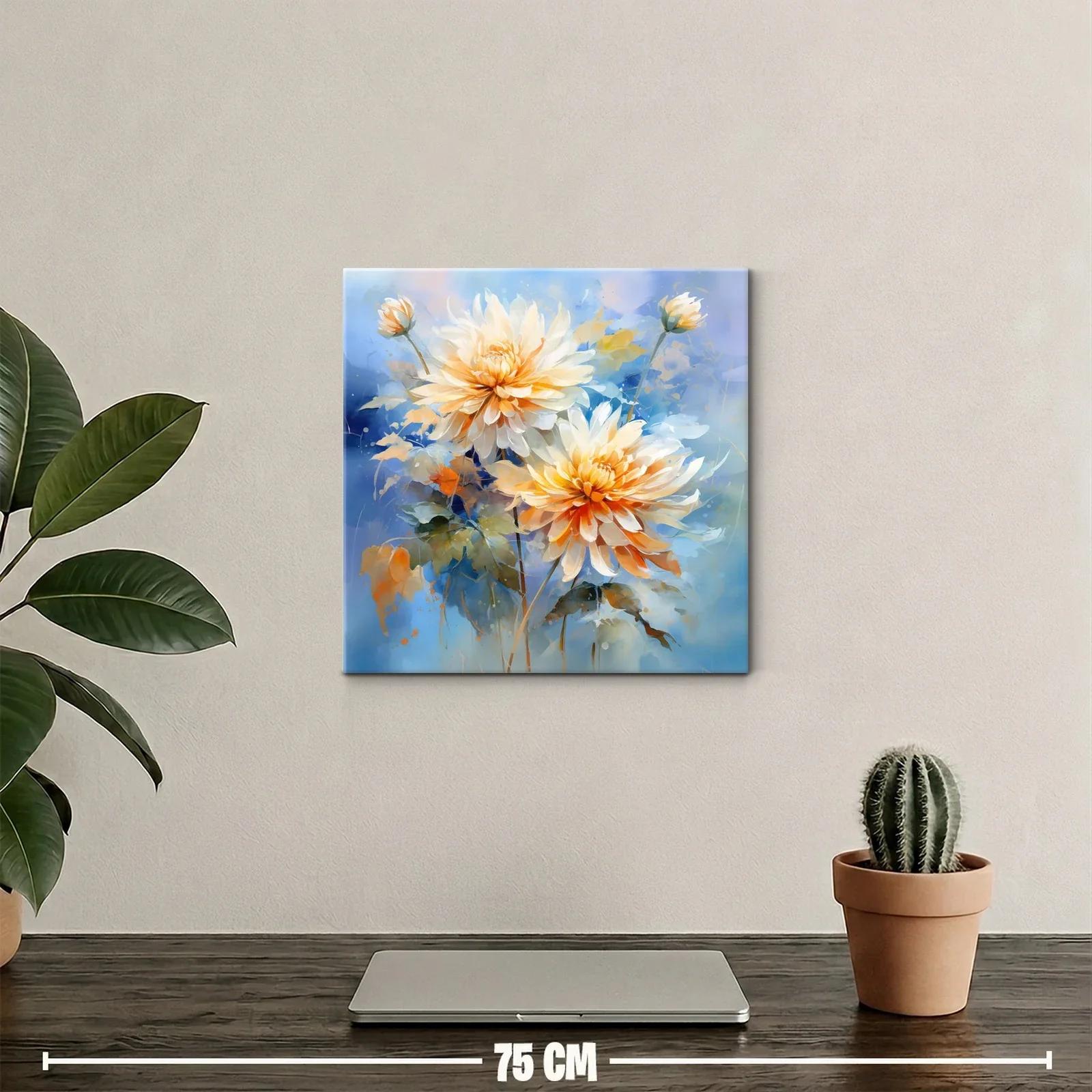 Cuadro floral con dalias en tonos cálidos y fondo azul — miniatura 2