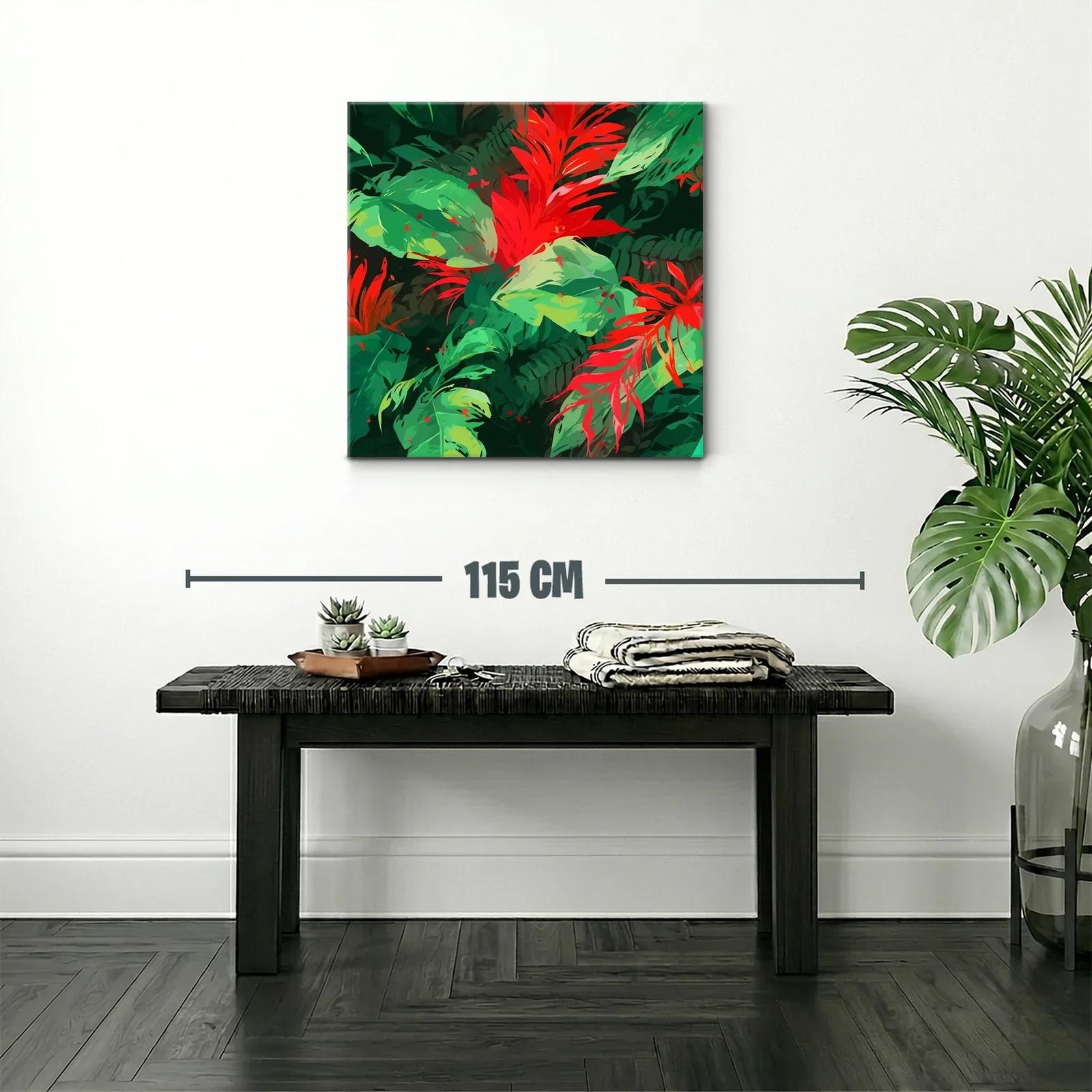 Vibrante cuadro con hojas y flores tropicales rojas y verdes — miniatura 2