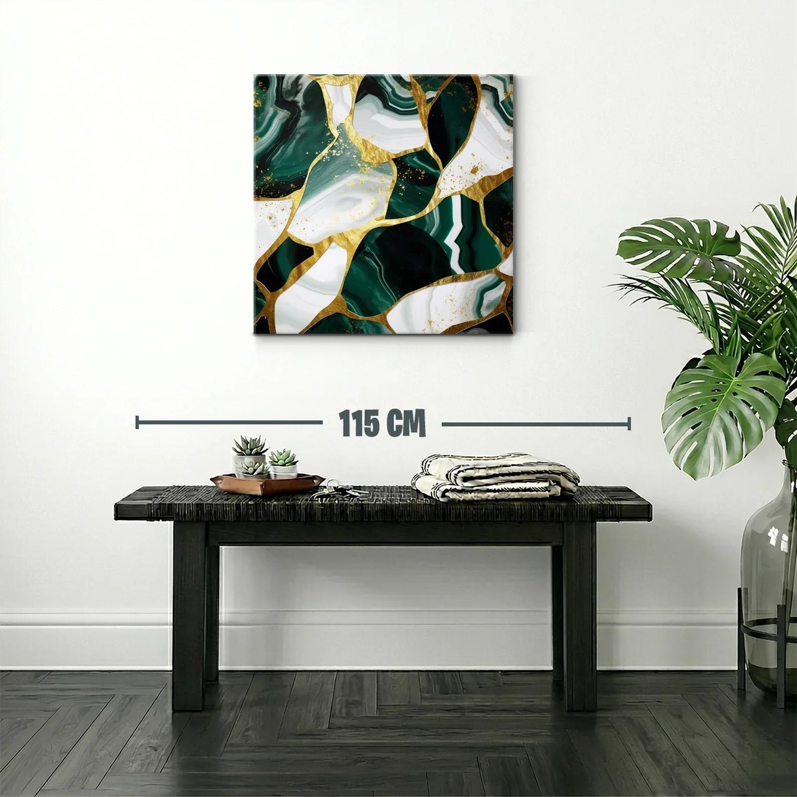 Cuadro abstracto con vetas verdes y detalles dorados — miniatura 2