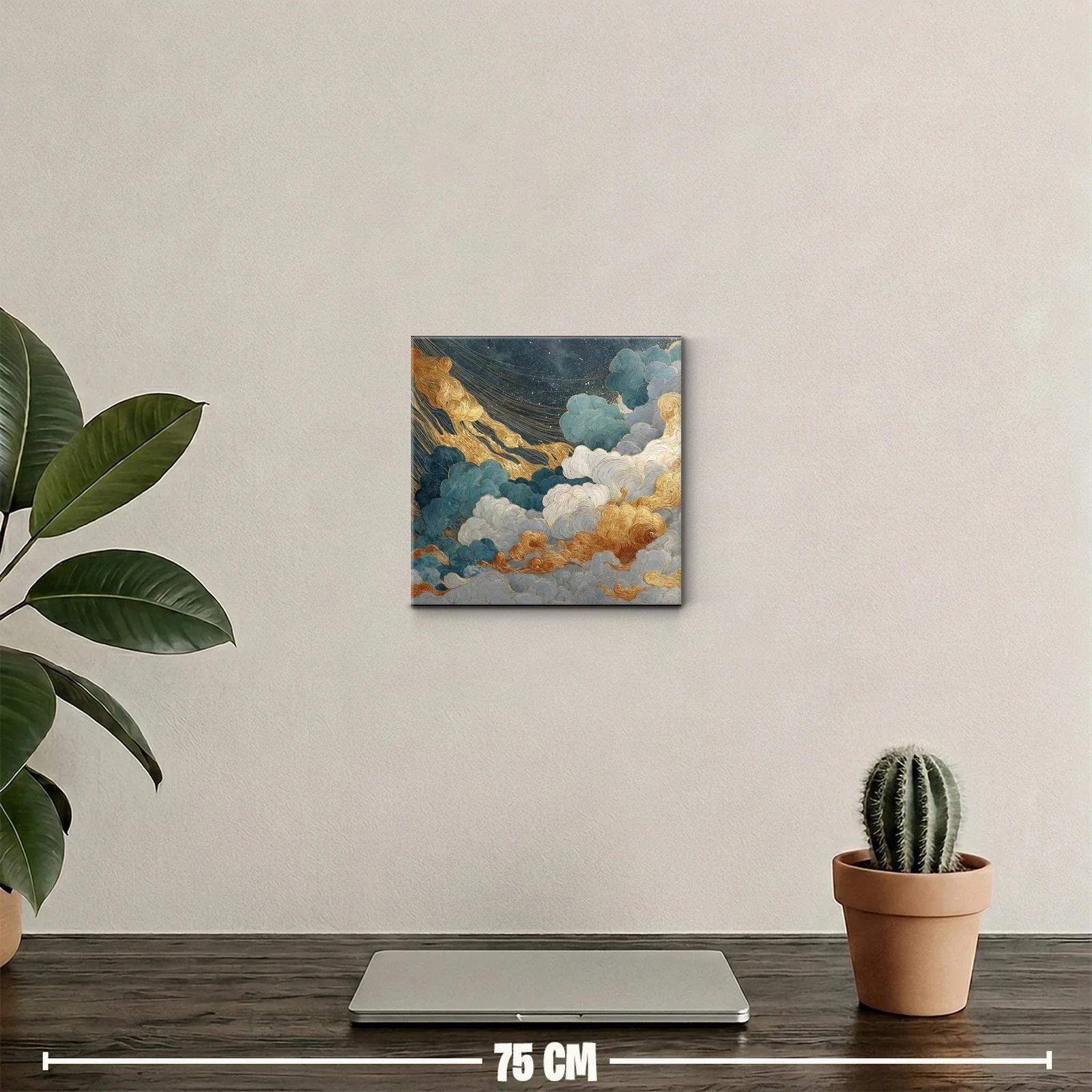 Cuadro abstracto de nubes doradas y azules con estrellas — miniatura 2
