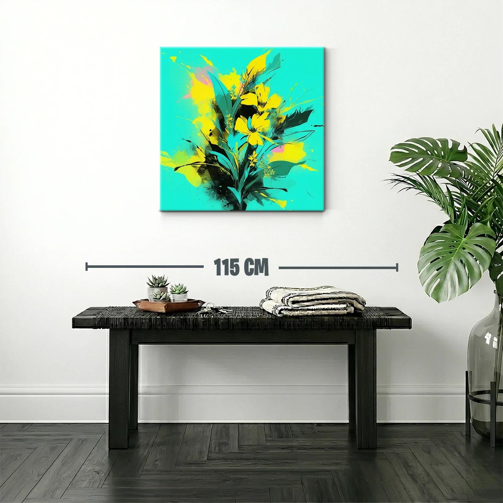 Cuadro moderno con flores amarillas vibrantes y fondo turquesa — miniatura 2