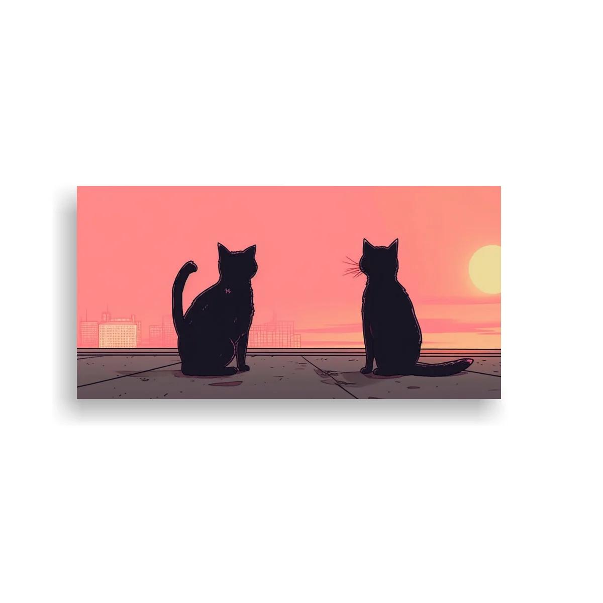 Cuadro dos gatos negros al atardecer con sol sobre el horizonte — imagen principal