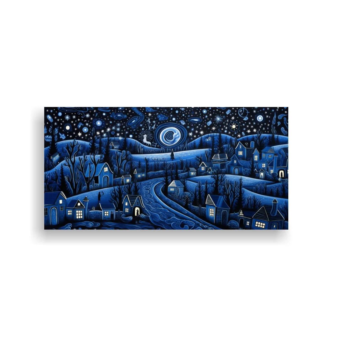 Cuadro pueblo nocturno con camino serpenteante y cielo estrellado — imagen principal