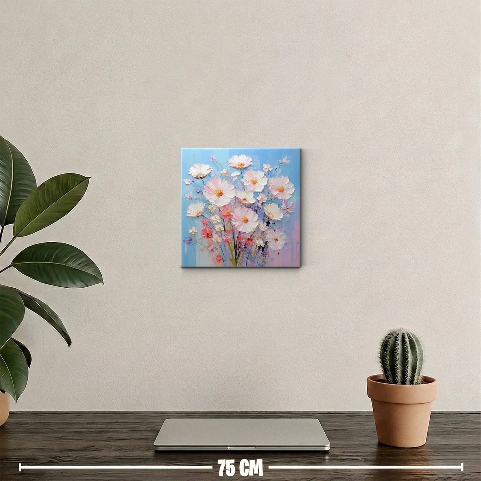 Cuadro ramo de flores delicadas en tonos pastel y fondo azul — miniatura 2