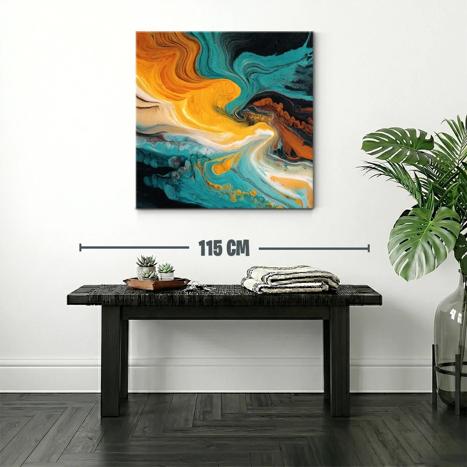 Cuadro abstracto con tonos turquesa y naranja vibrante — miniatura 2