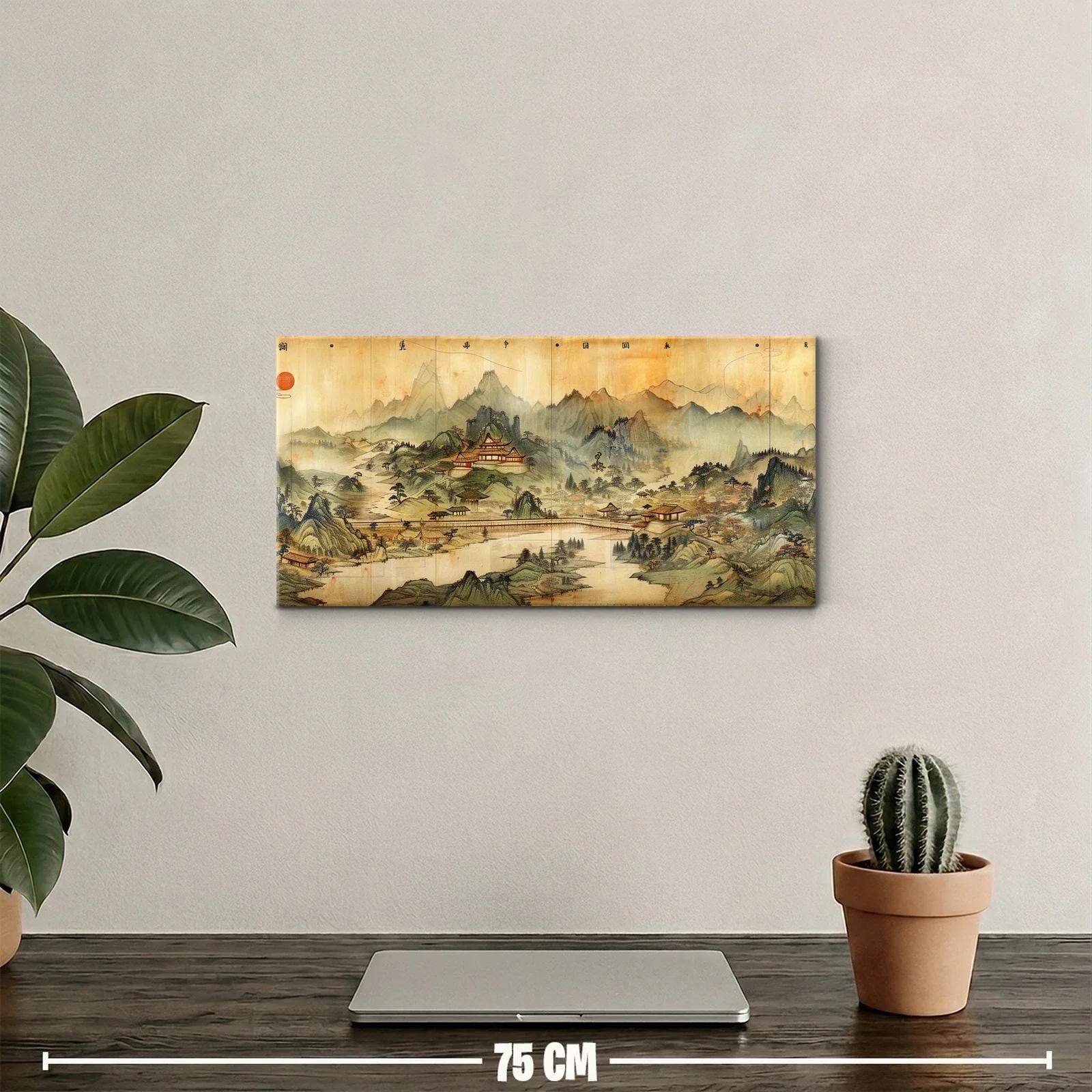 Cuadro paisaje montañoso chino con caligrafía y sellos rojos — miniatura 2