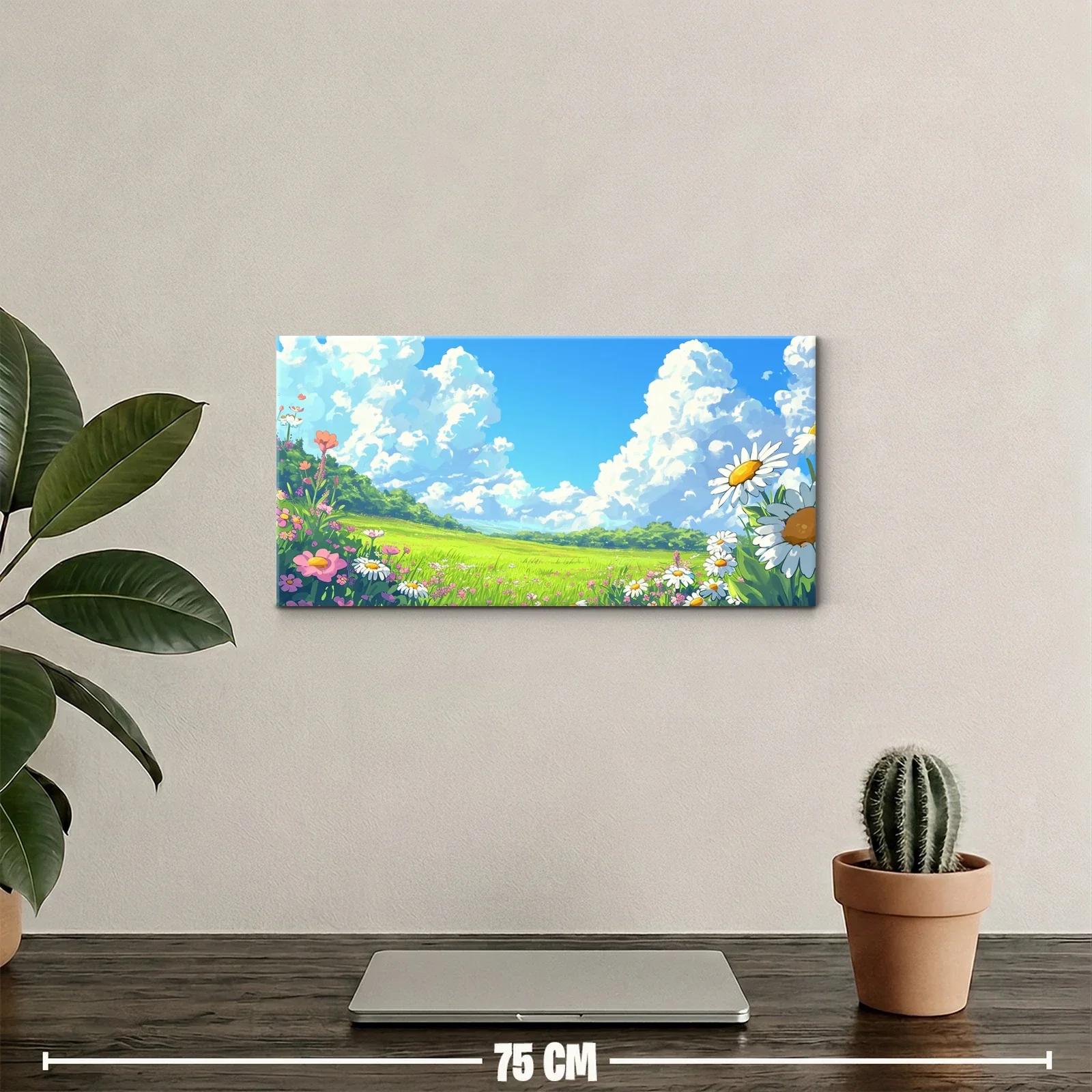 Cuadro campo de margaritas bajo nubes voluminosas — miniatura 2