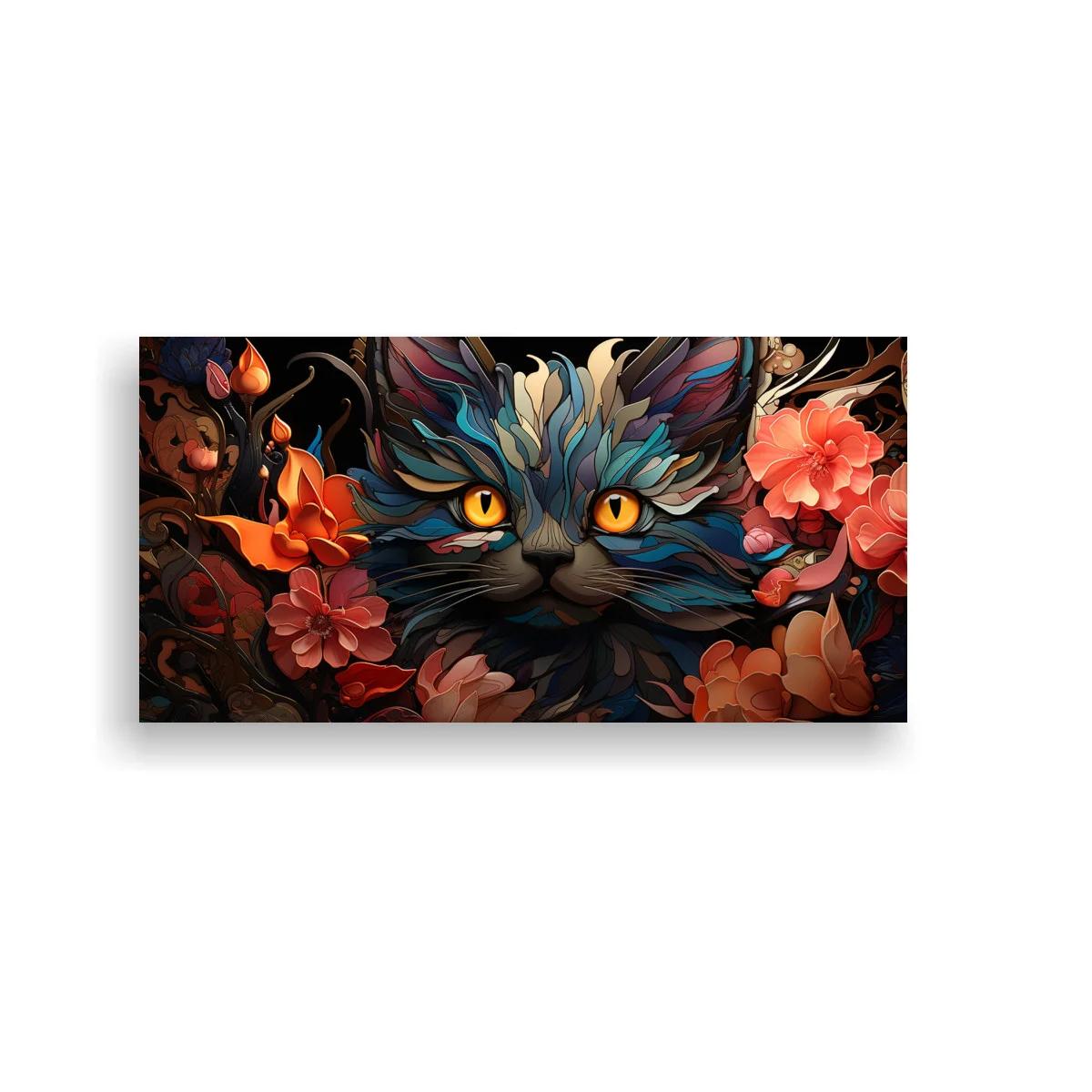 Cuadro gato de ojos amarillos enmarcado por flores y follaje — imagen principal