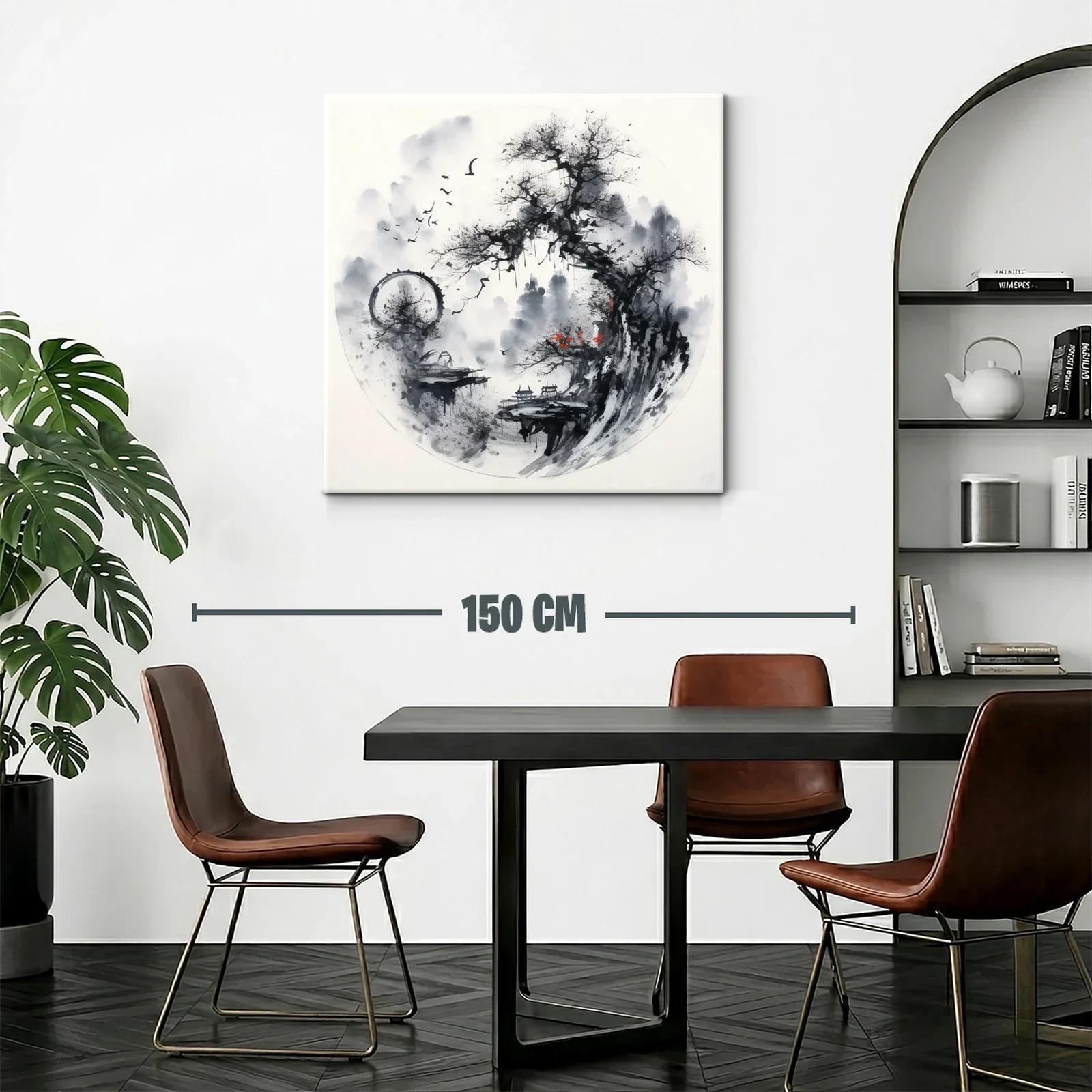 Paisaje asiático con árbol y aves en tonos monocromos — miniatura 2