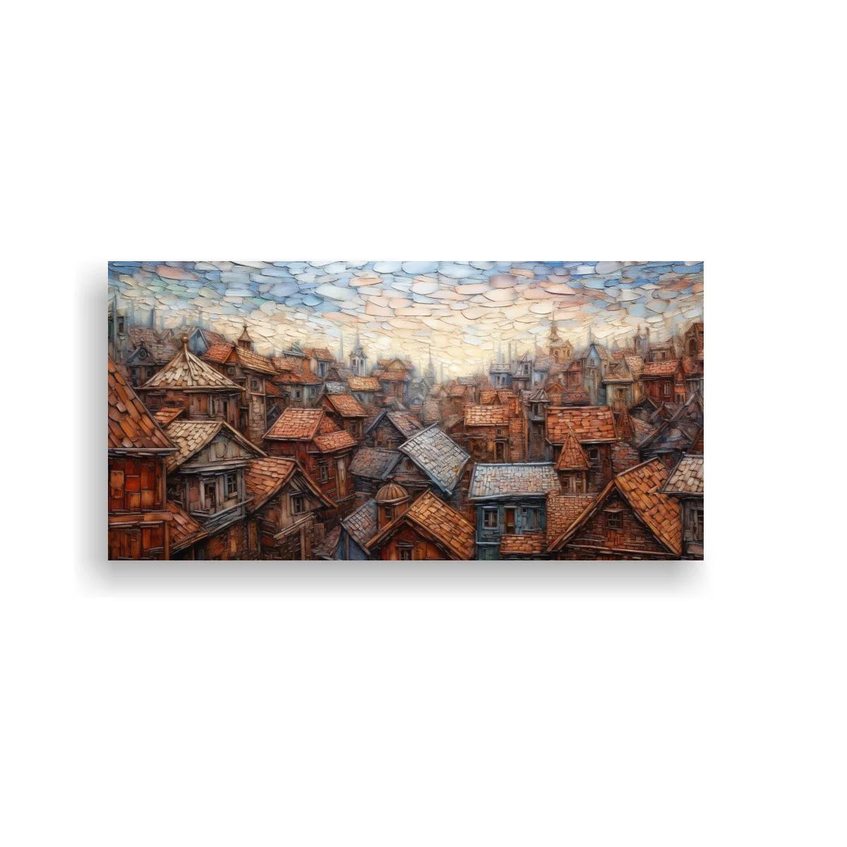 Cuadro tejados de un pueblo antiguo con chimeneas y tejas rojizas — imagen principal