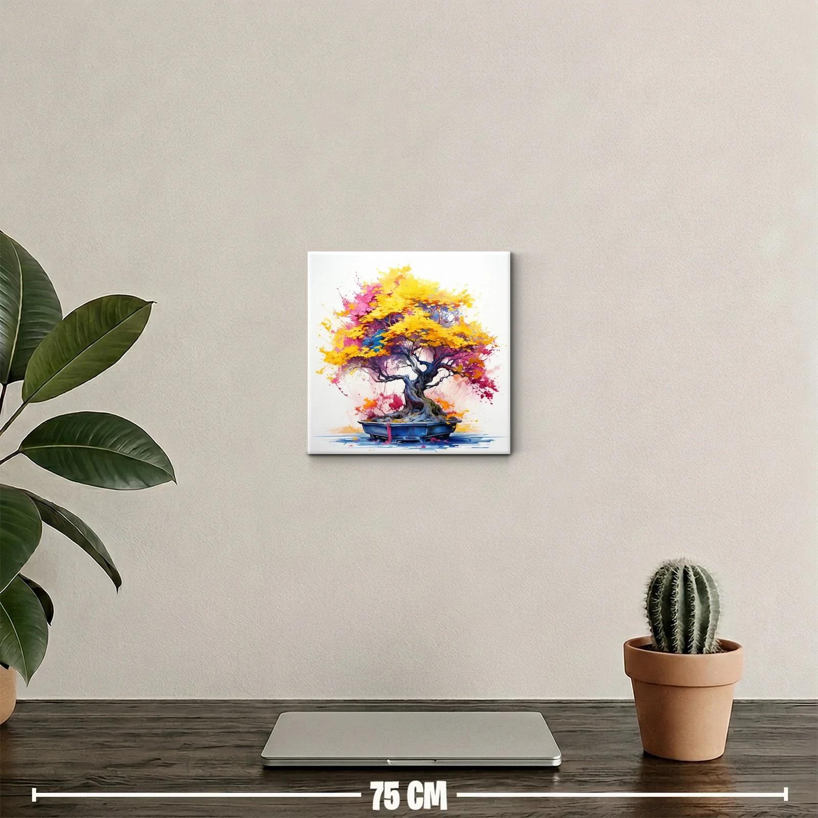 Árbol de bonsái con vibrantes hojas otoñales en amarillo y rosa — miniatura 2