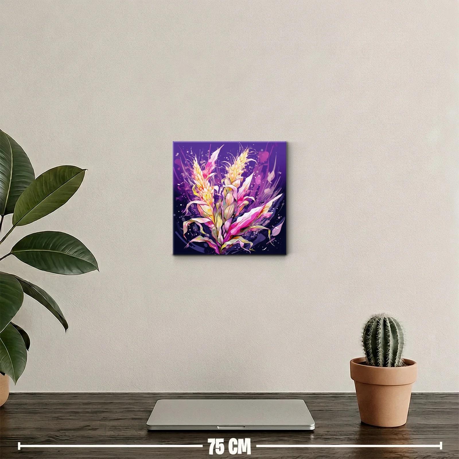 Cuadro decorativo con flores en tonos vibrantes y fondo púrpura — miniatura 2