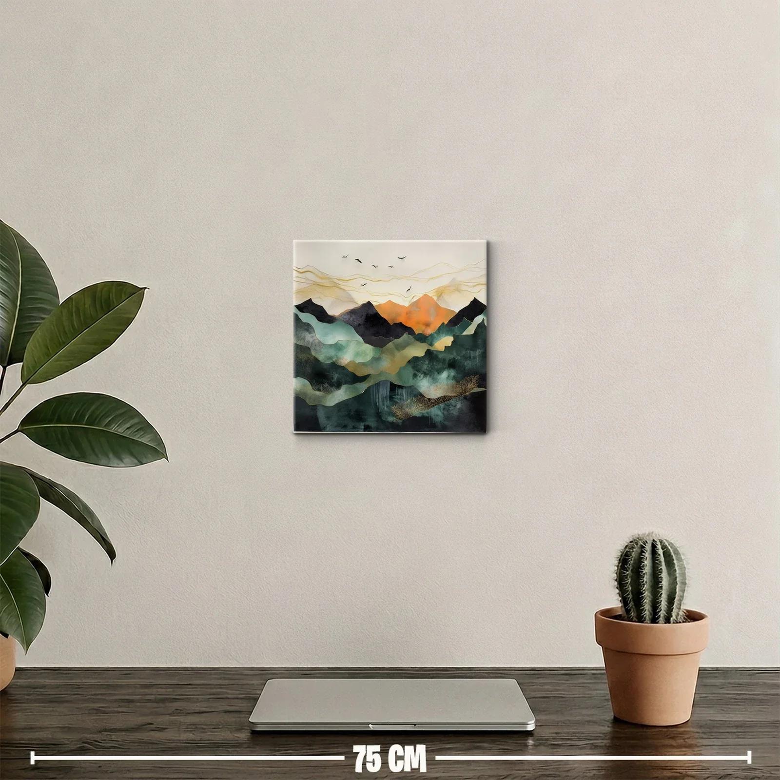 Paisaje abstracto con montañas y aves en tonos cálidos — miniatura 2