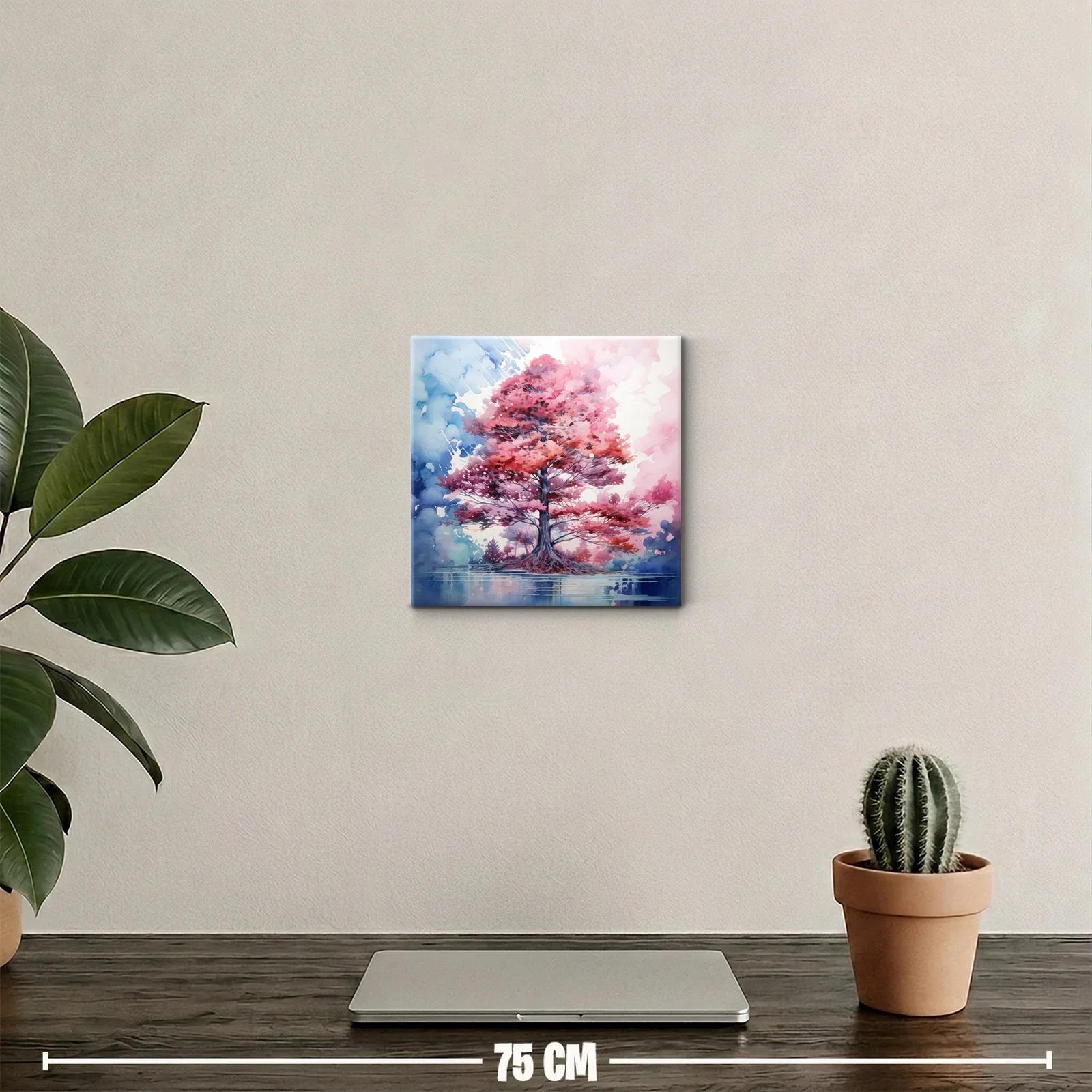 Cuadro decorativo árbol rosa con reflejo en agua azul y rosa — miniatura 2