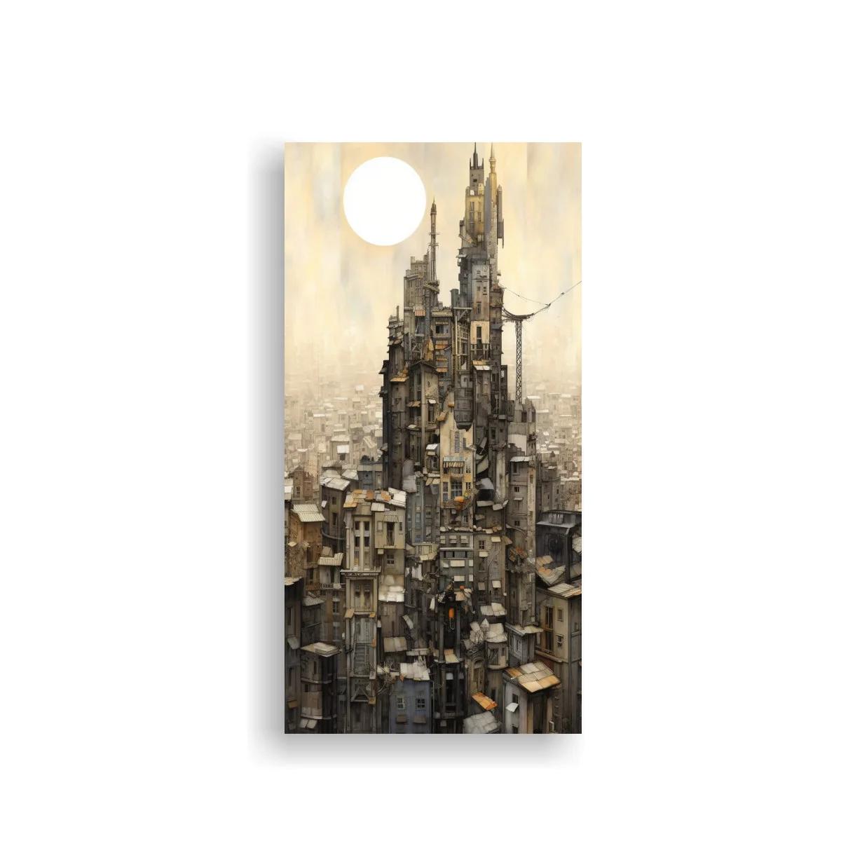Cuadro torre urbana fantástica con grúa y gran disco blanco