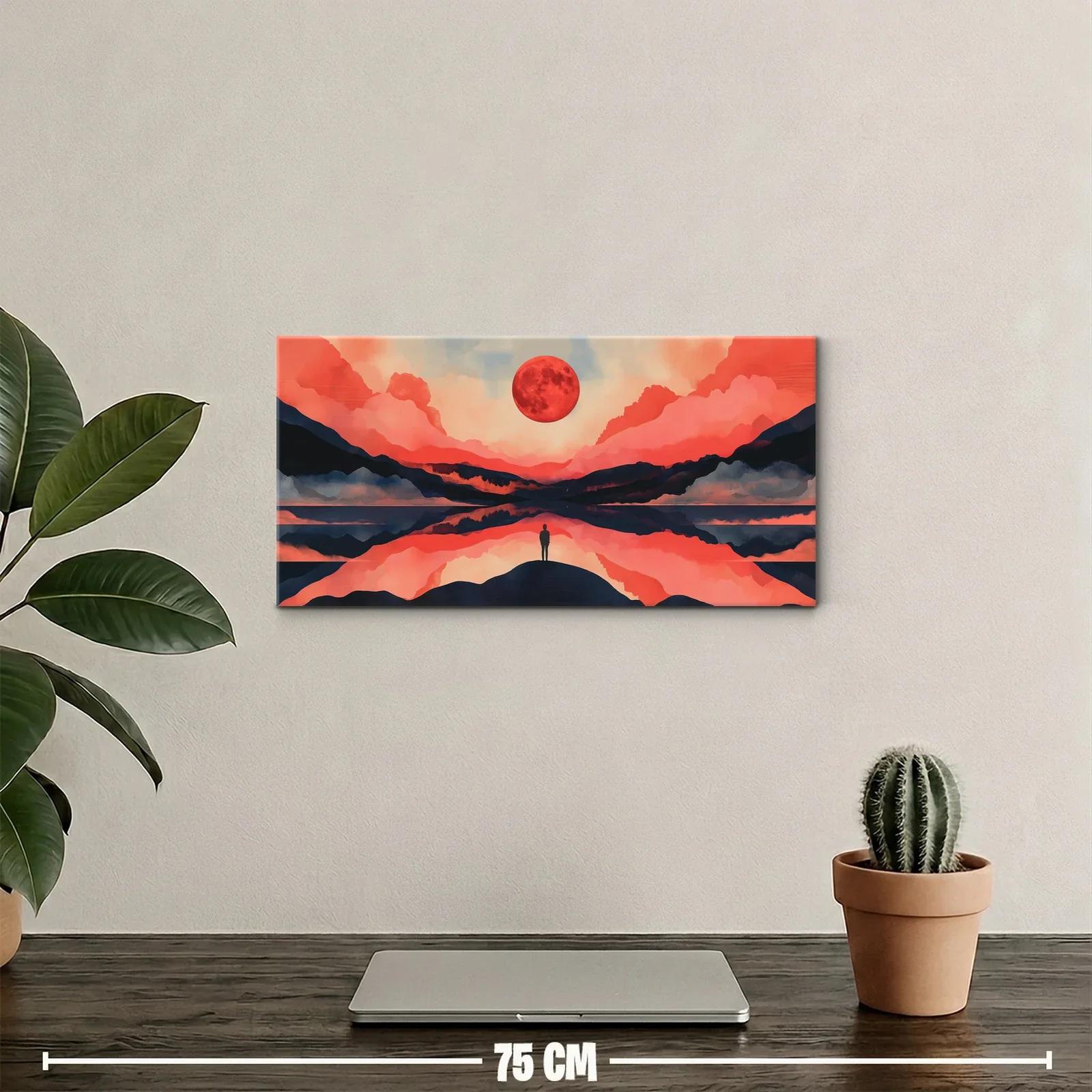 Cuadro paisaje de montañas con luna roja y figura junto al lago — miniatura 2