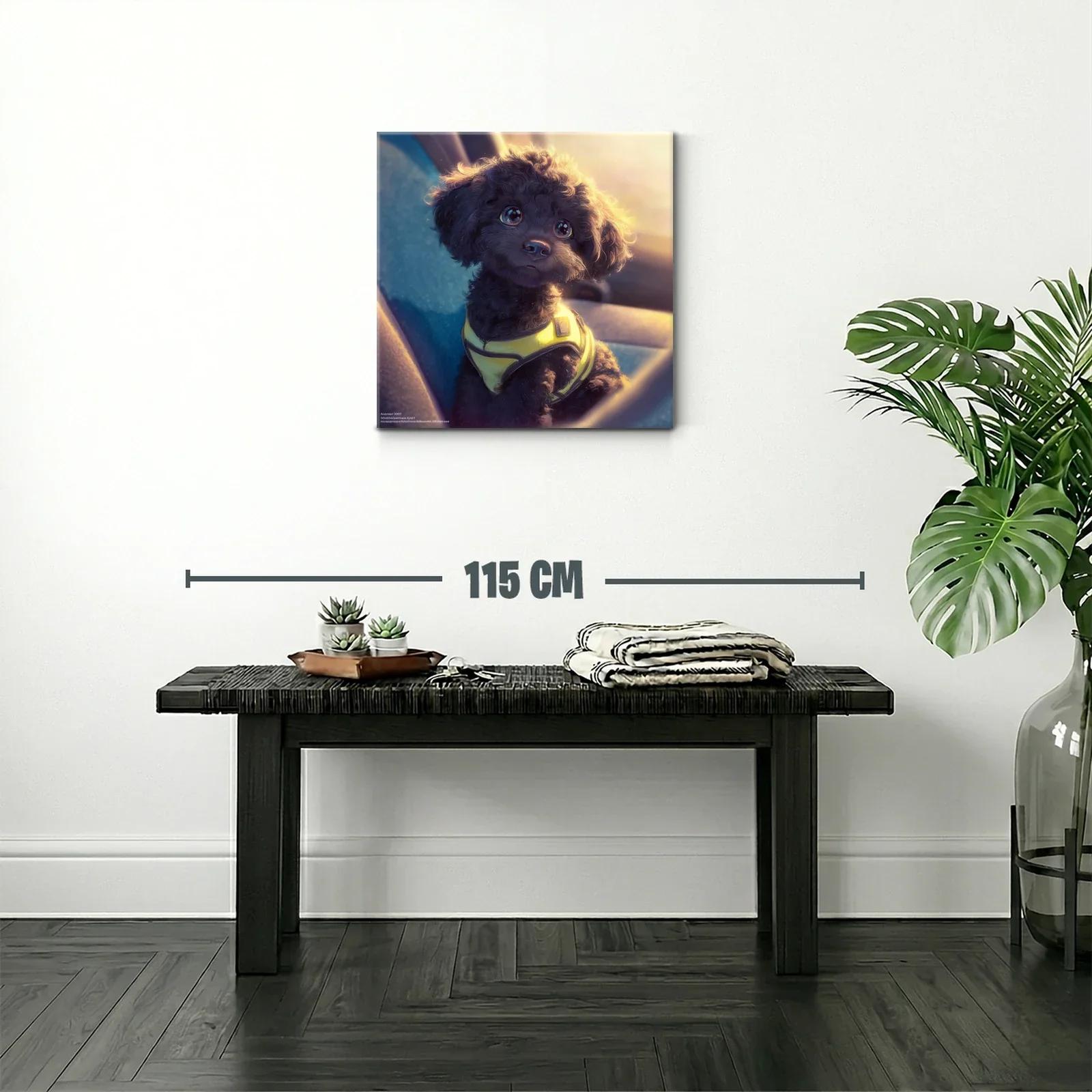 Tierno perro negro con arnés amarillo al atardecer — miniatura 2