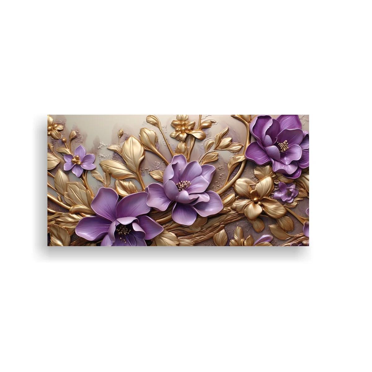 Cuadro flores moradas en relieve con hojas doradas — imagen principal