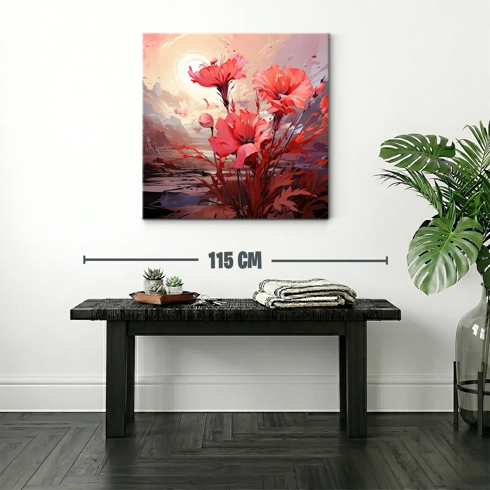 Cuadro floral con vibrantes tonos rojos y atardecer suave — miniatura 2