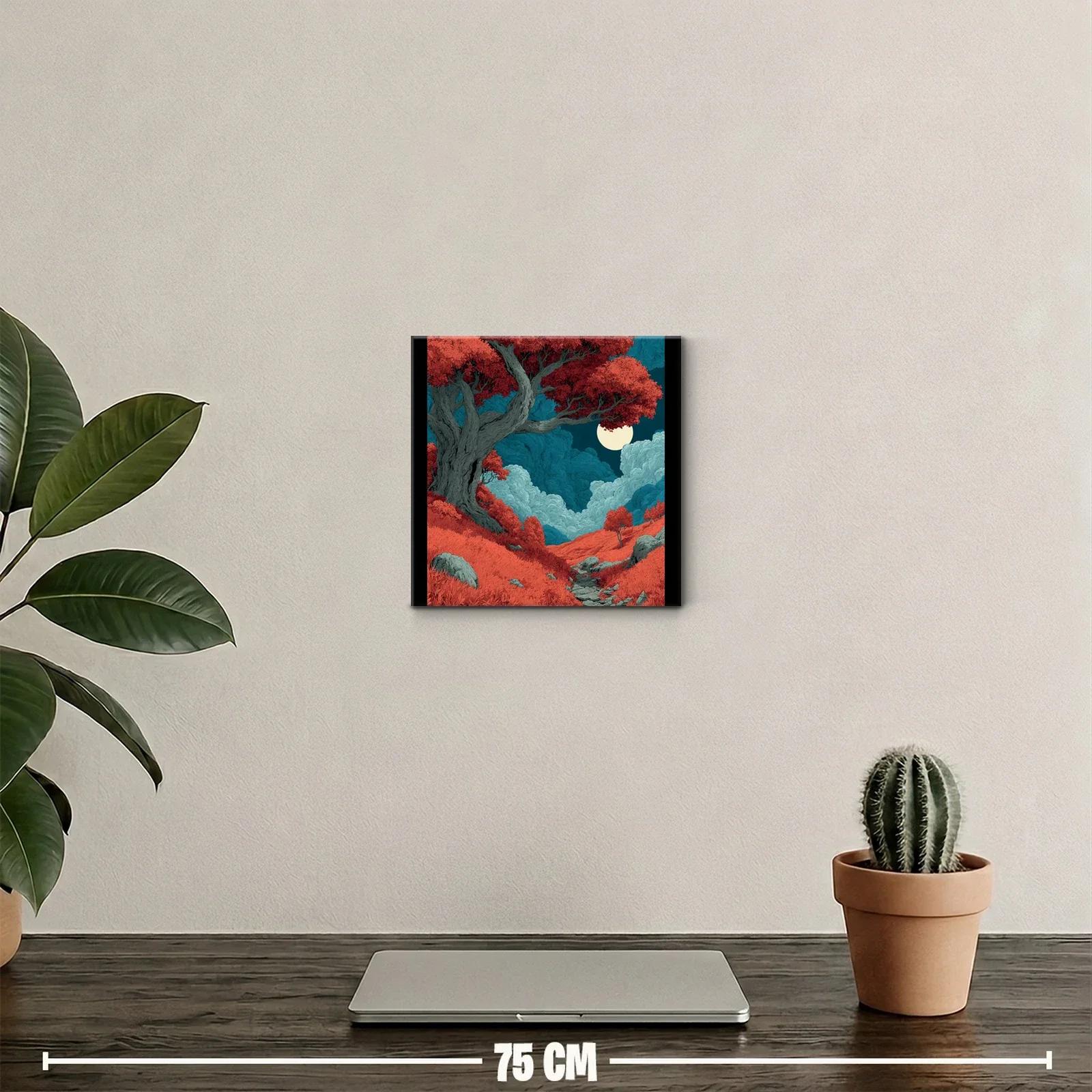 Paisaje mágico con árbol rojo y luna llena brillante — miniatura 2