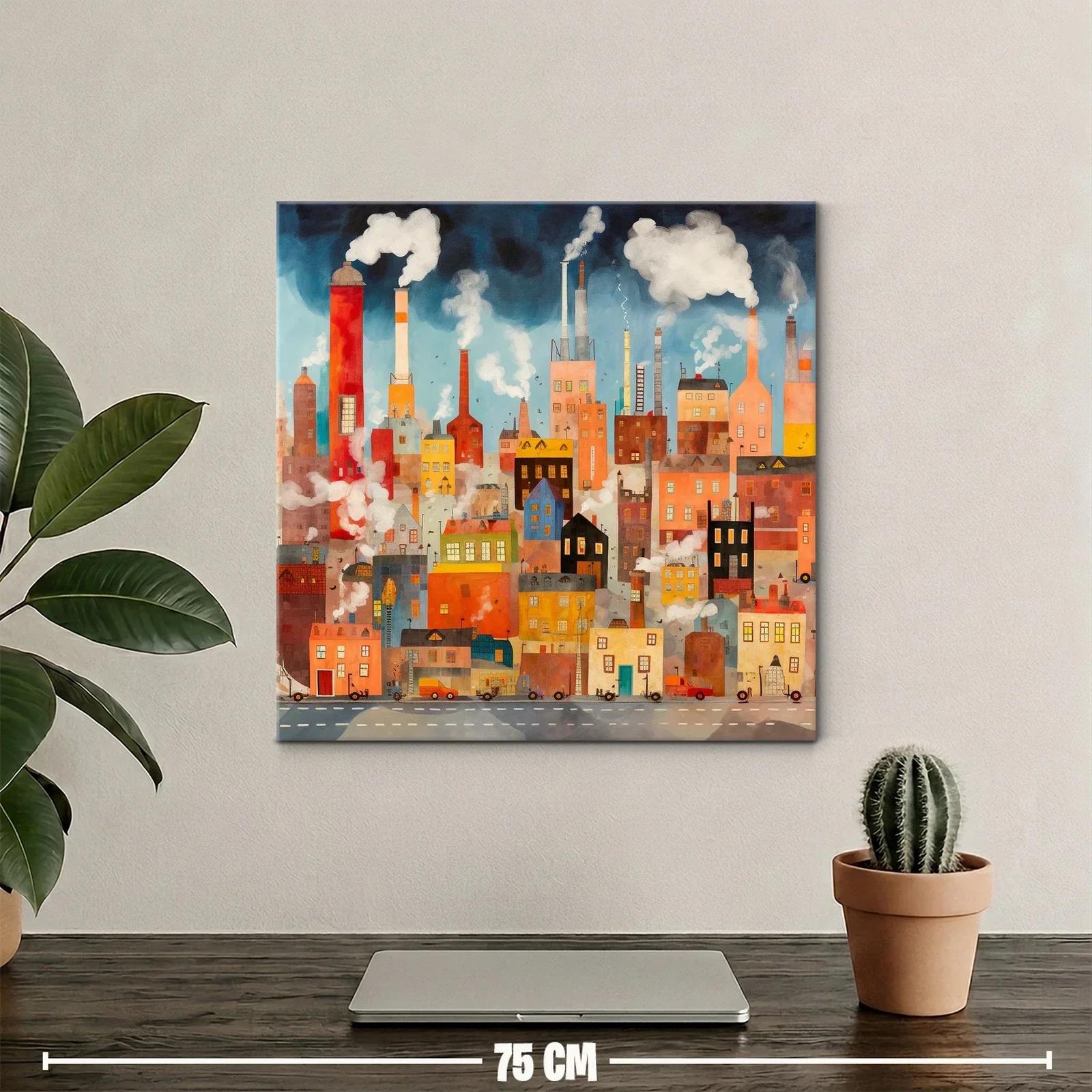 Ciudad industrial con chimeneas y humo en tonos cálidos — miniatura 2