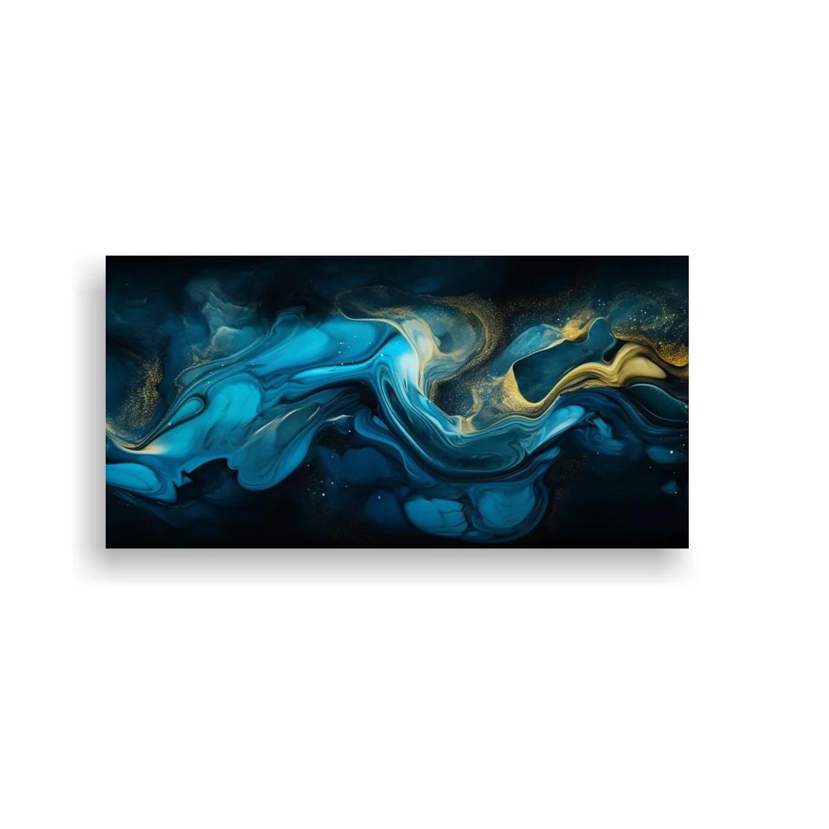 Cuadro remolino de tinta azul y dorada en franja panorámica — imagen principal