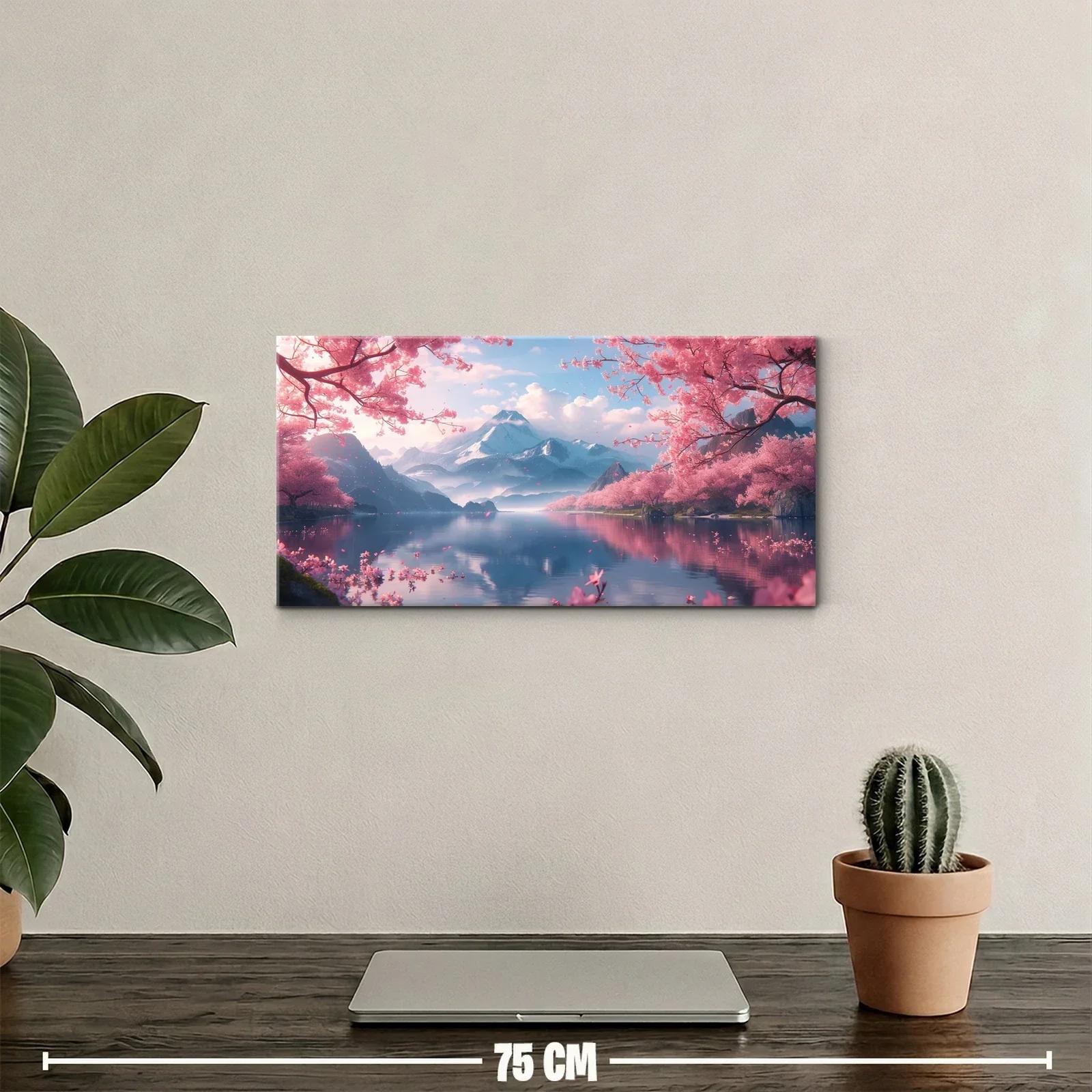 Cuadro paisaje de montaña con cerezos en flor y lago sereno — miniatura 2