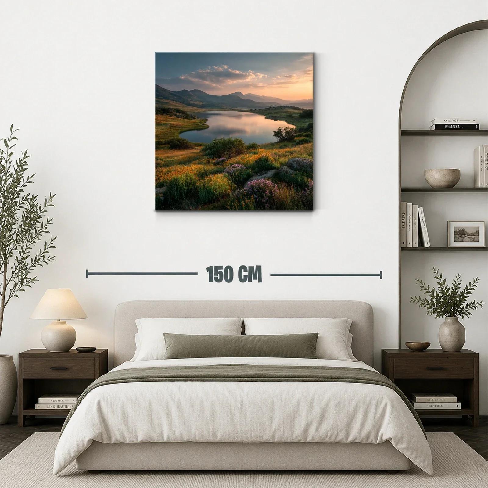 Paisaje sereno con lago y pradera en tonos cálidos — miniatura 3
