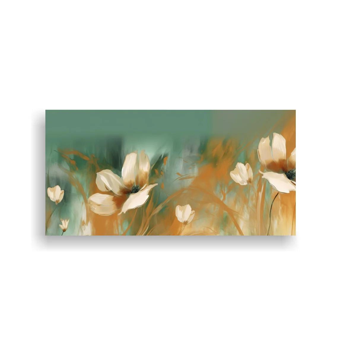 Cuadro de flores blancas tipo amapola con fondo verde agua — imagen principal