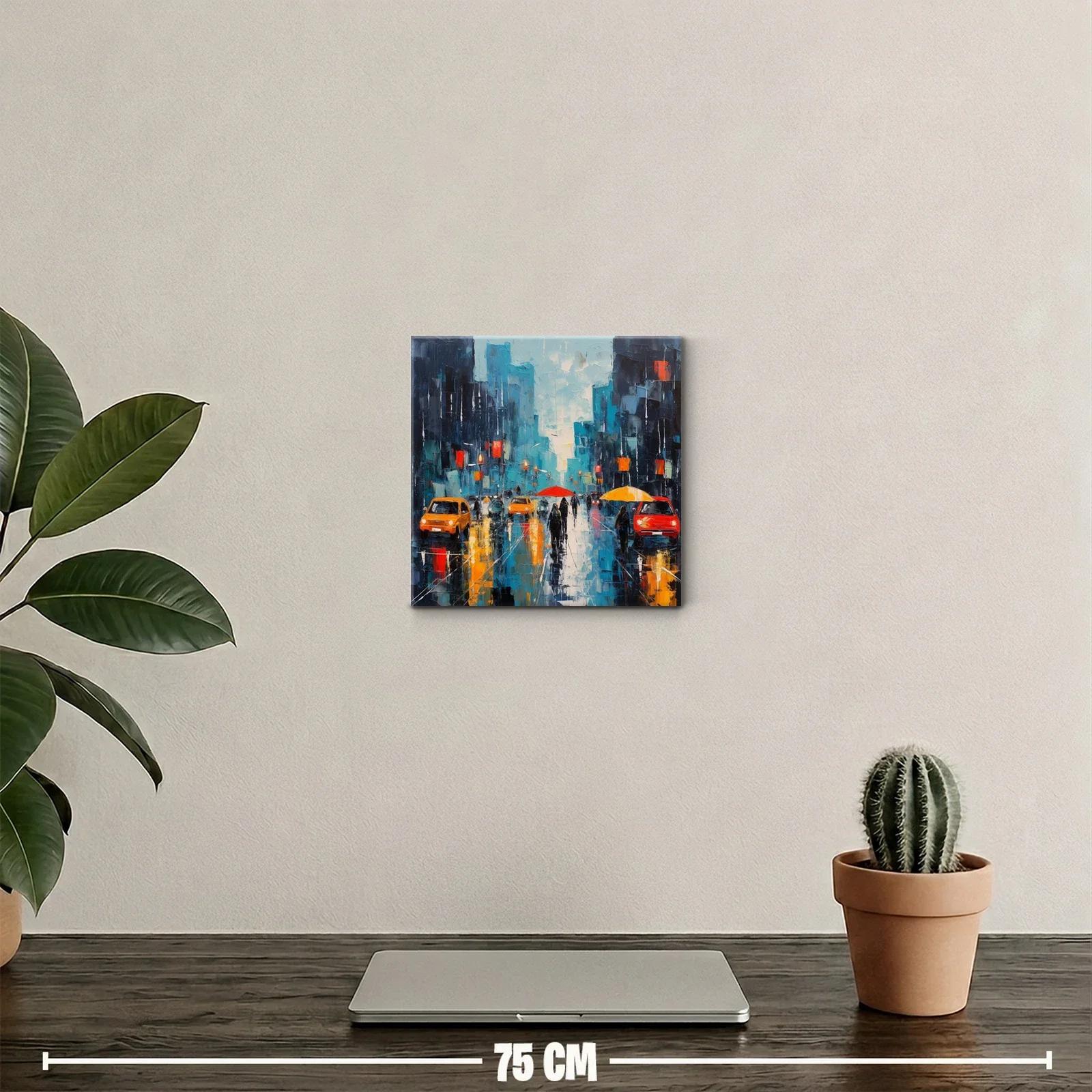 Cuadro urbano con paraguas en tonos vibrantes y contrastes — miniatura 2