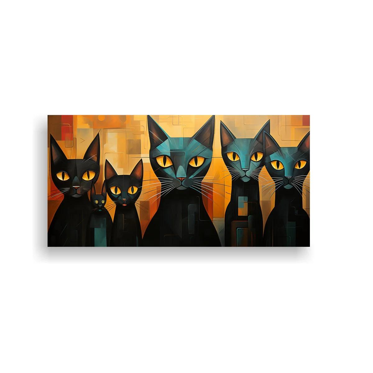Cuadro gatos negros de ojos amarillos sobre fondo geométrico — imagen principal