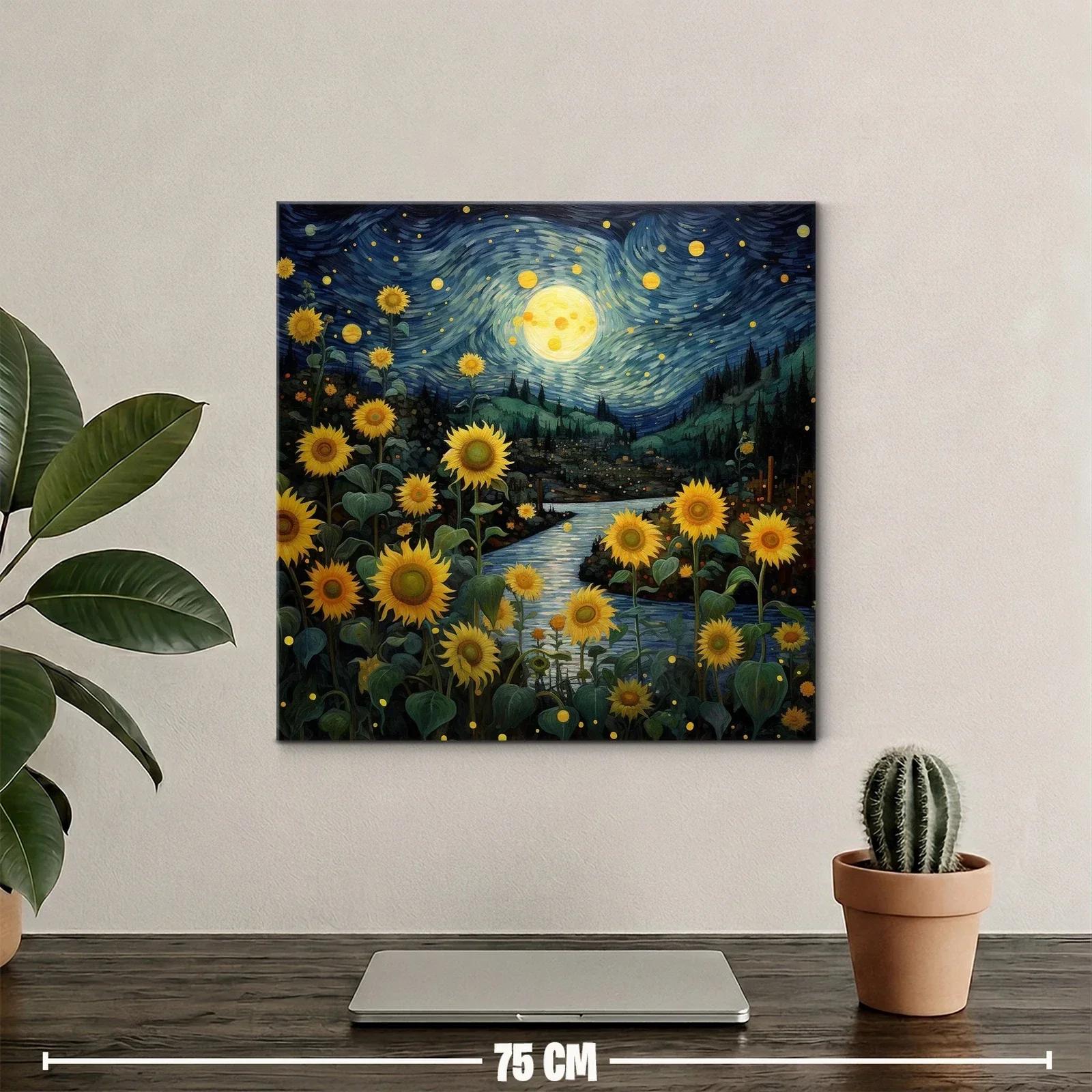 Campo de girasoles bajo un cielo estrellado y la luna llena — miniatura 2