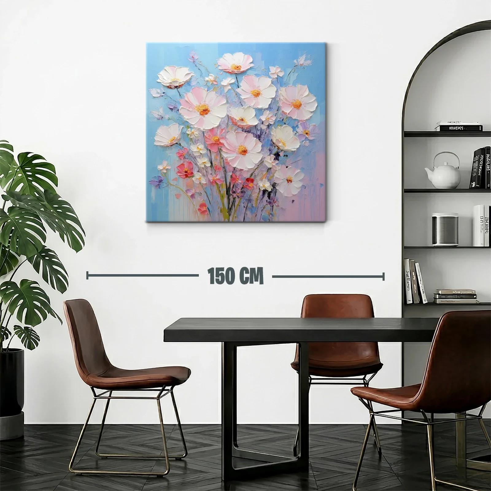 Cuadro ramo de flores delicadas en tonos pastel y fondo azul — miniatura 2