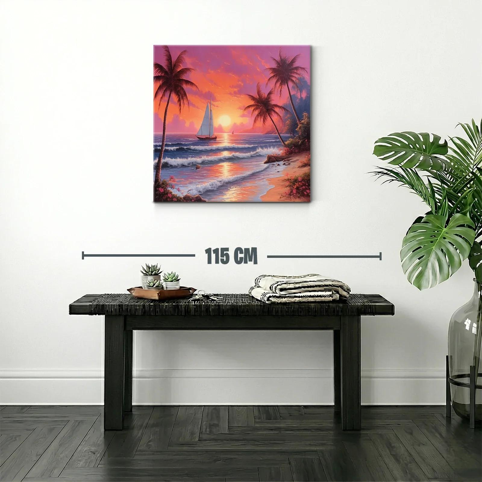 Atardecer tropical con velero y palmeras en la playa — miniatura 2