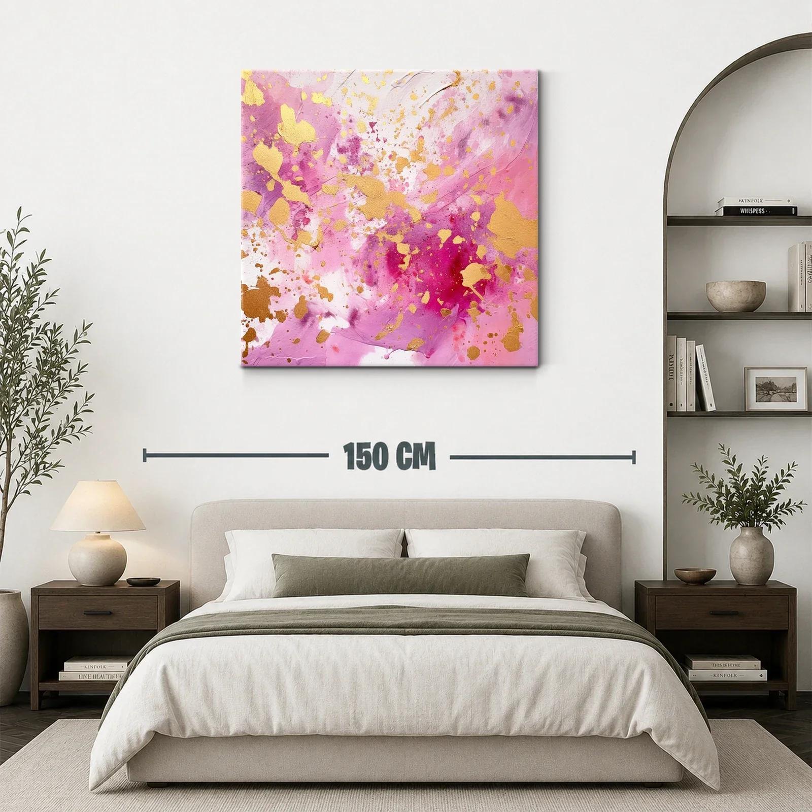 Cuadro abstracto con explosión de dorado y tonos rosas — miniatura 3