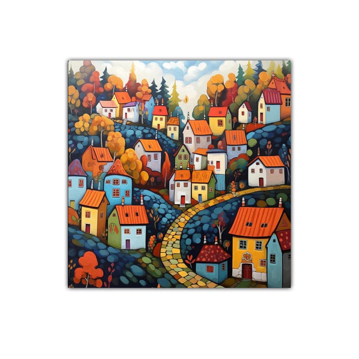 Pueblo colorido en colinas con camino serpenteante — miniatura 1