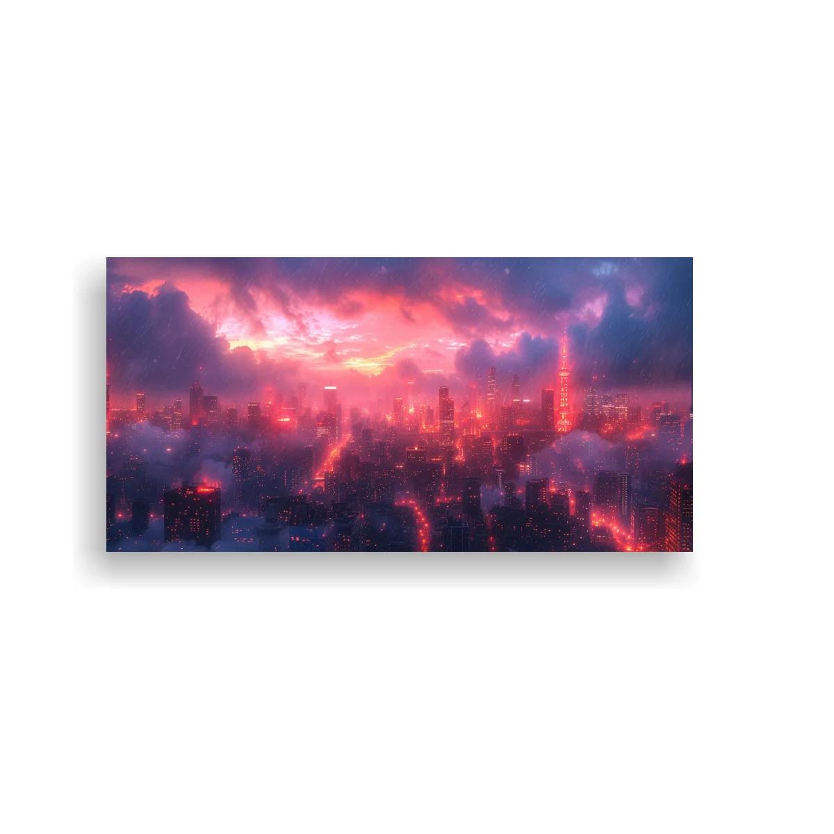 Cuadro skyline urbano al atardecer con cielo rosa y violeta — imagen principal