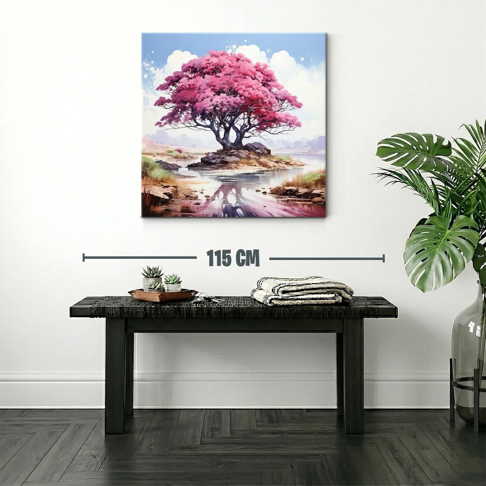 Árbol rosa reflejado en un lago sereno y tranquilo — miniatura 2