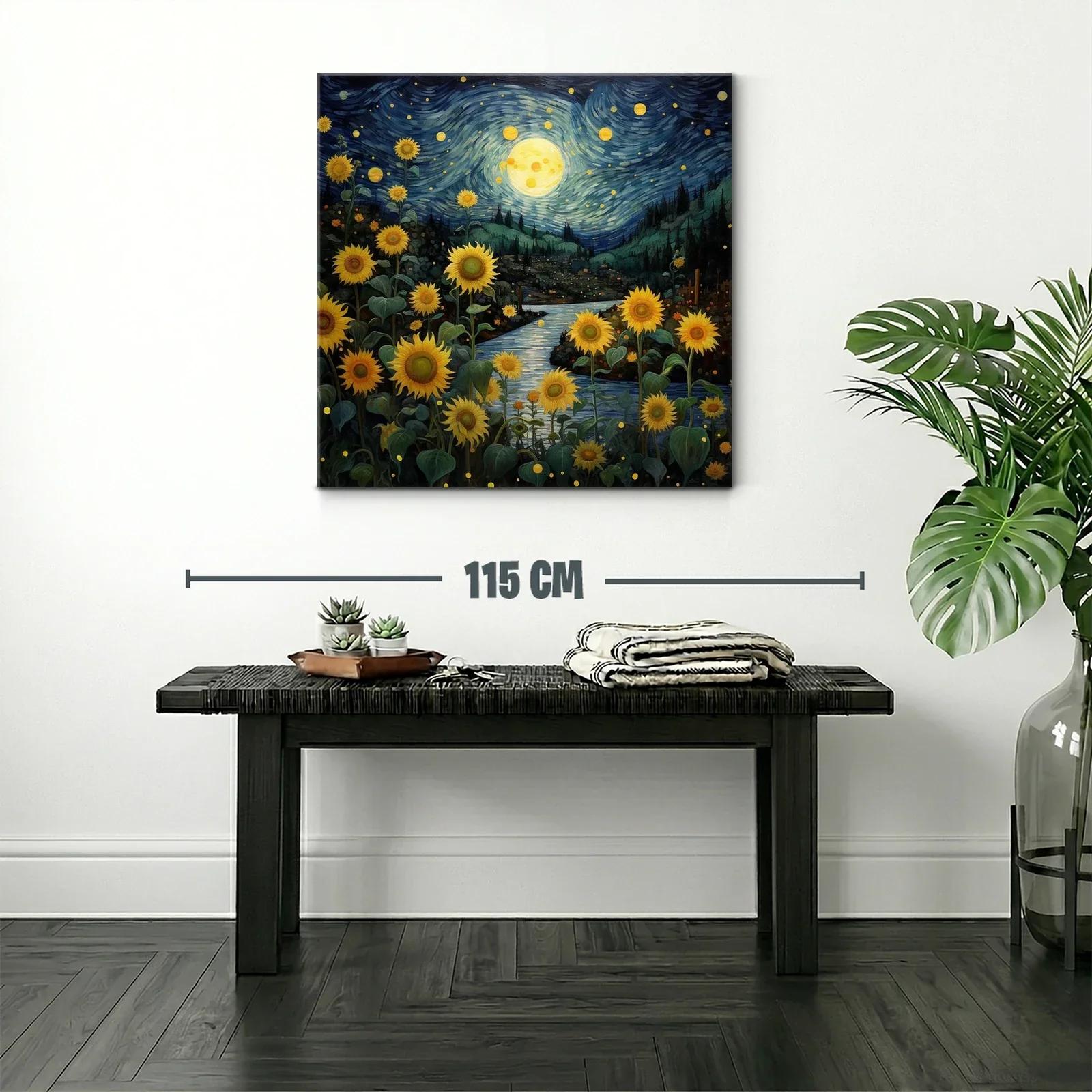 Campo de girasoles bajo un cielo estrellado y la luna llena — miniatura 2